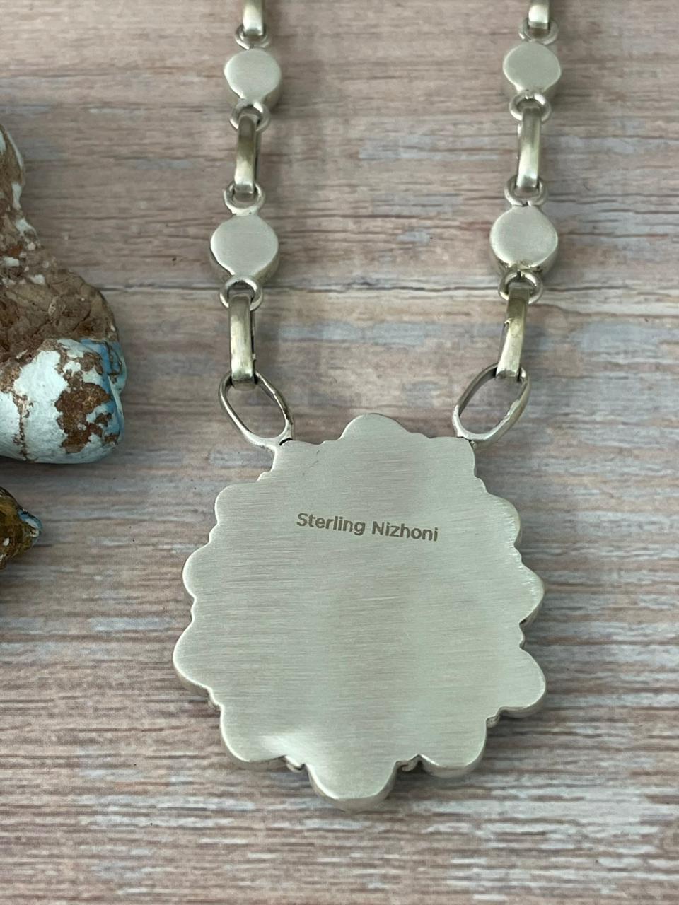 Handmade Sterling Silver Dahlia Rose with Emerald Valley Turquoise Necklace "Signed Nizhoni"