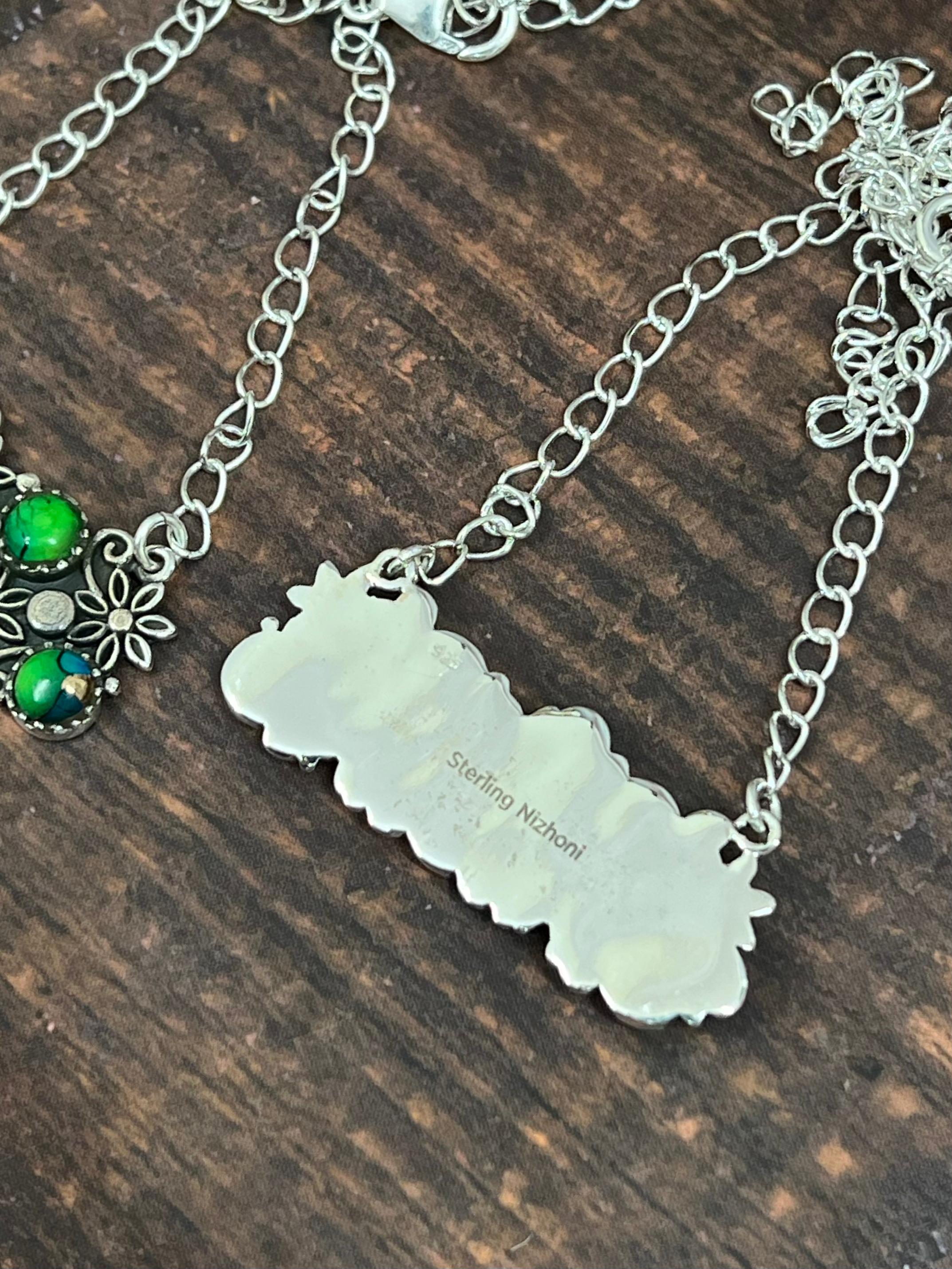 Handmade Sterling Silver Peacock Dahlia, Dahlia Rose, Cotton Candy Turquoise Necklace with Signed Nizhoni