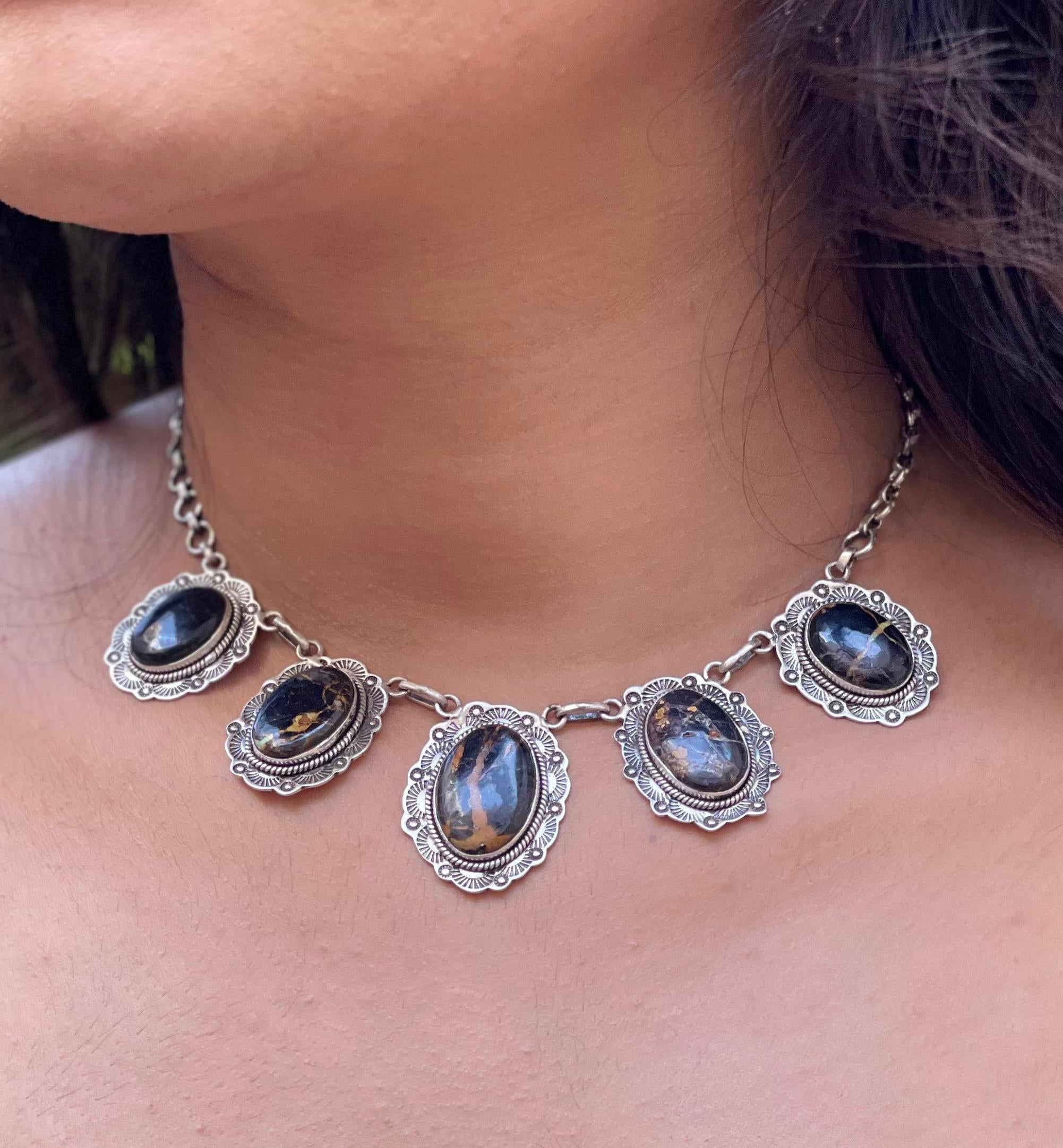 Handmade Sterling Silver Blackjack Turquoise Choker Necklace Signed Nizhoni