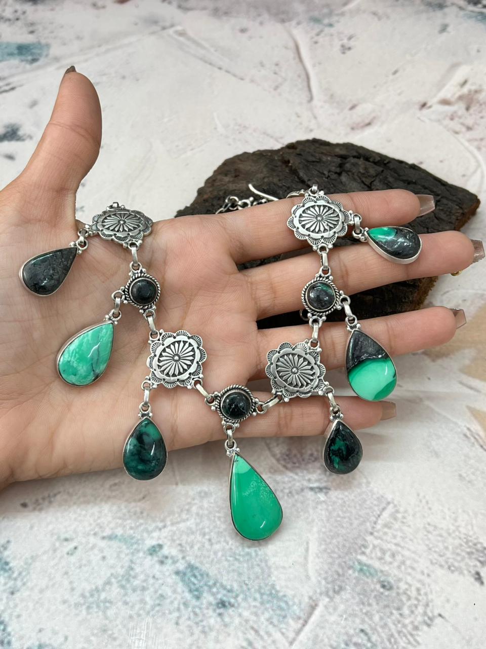 Handmade Sterling Silver Emerald Rose Necklace "Signed Nizhoni"