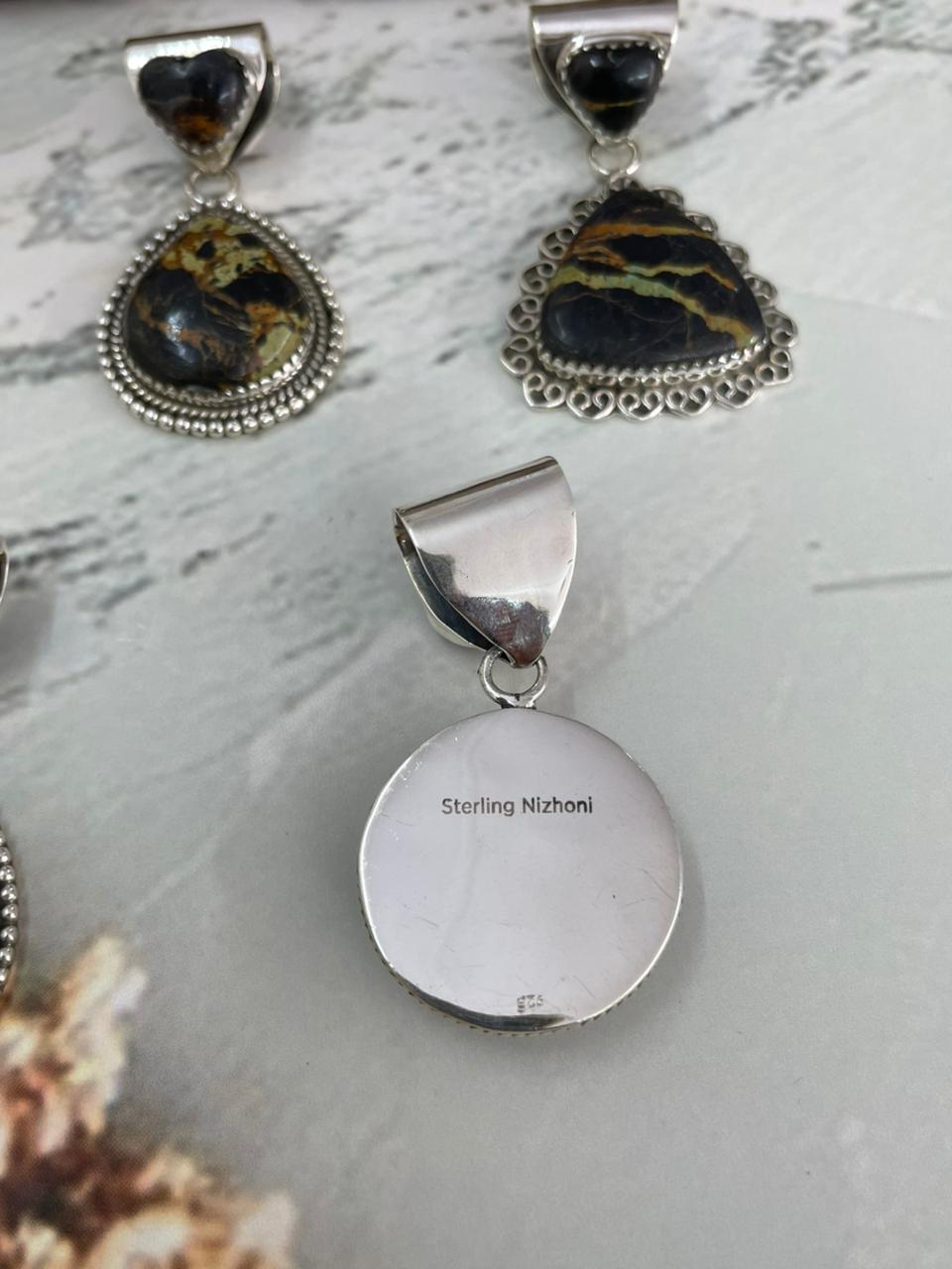 Handmade Sterling Silver Blackjack Turquoise Pendant "Signed Nizhoni"