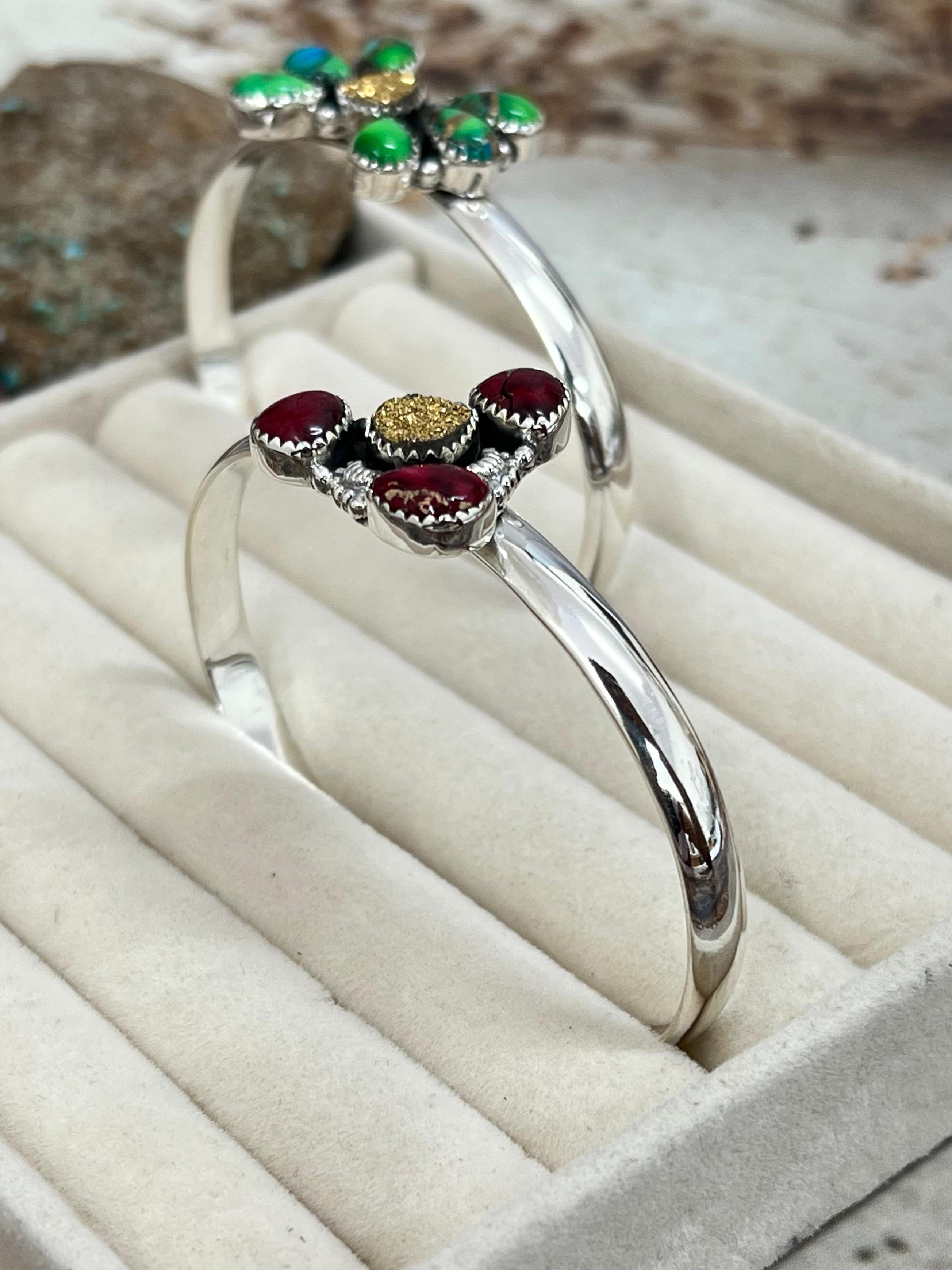 Handmade Sterling Silver Peacock Dahlia with Druzy, Dahlia Rose with Druzy Cuff Bracelet, Signed Nizhoni