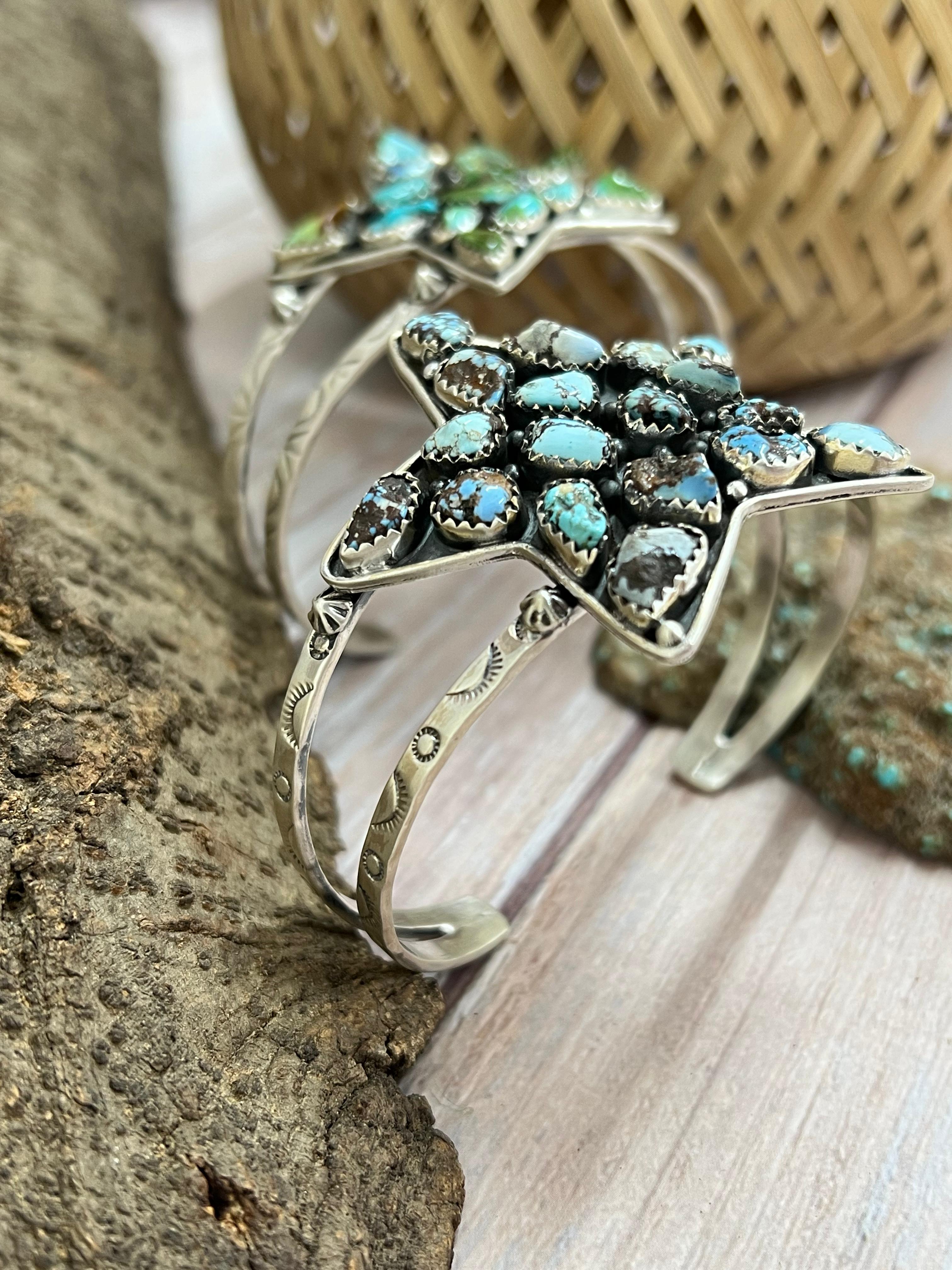 Handmade Sterling Silver Golden Hill, Sonoran Mountain Turquoise Star Bracelet with Signed Nizhoni /