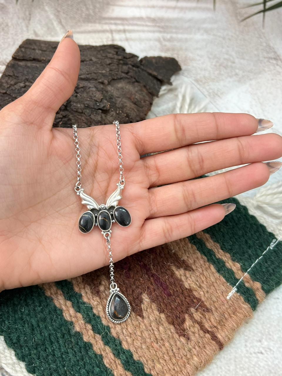 Handmade Sterling Silver Blackjack Turquoise Drop Necklace "Signed Nizhoni"