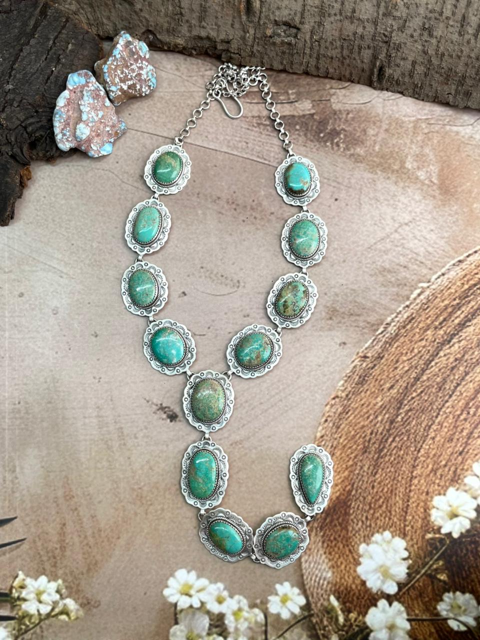 Handmade Sterling Silver Mantis Turquoise Necklace with Signed Nizhoni