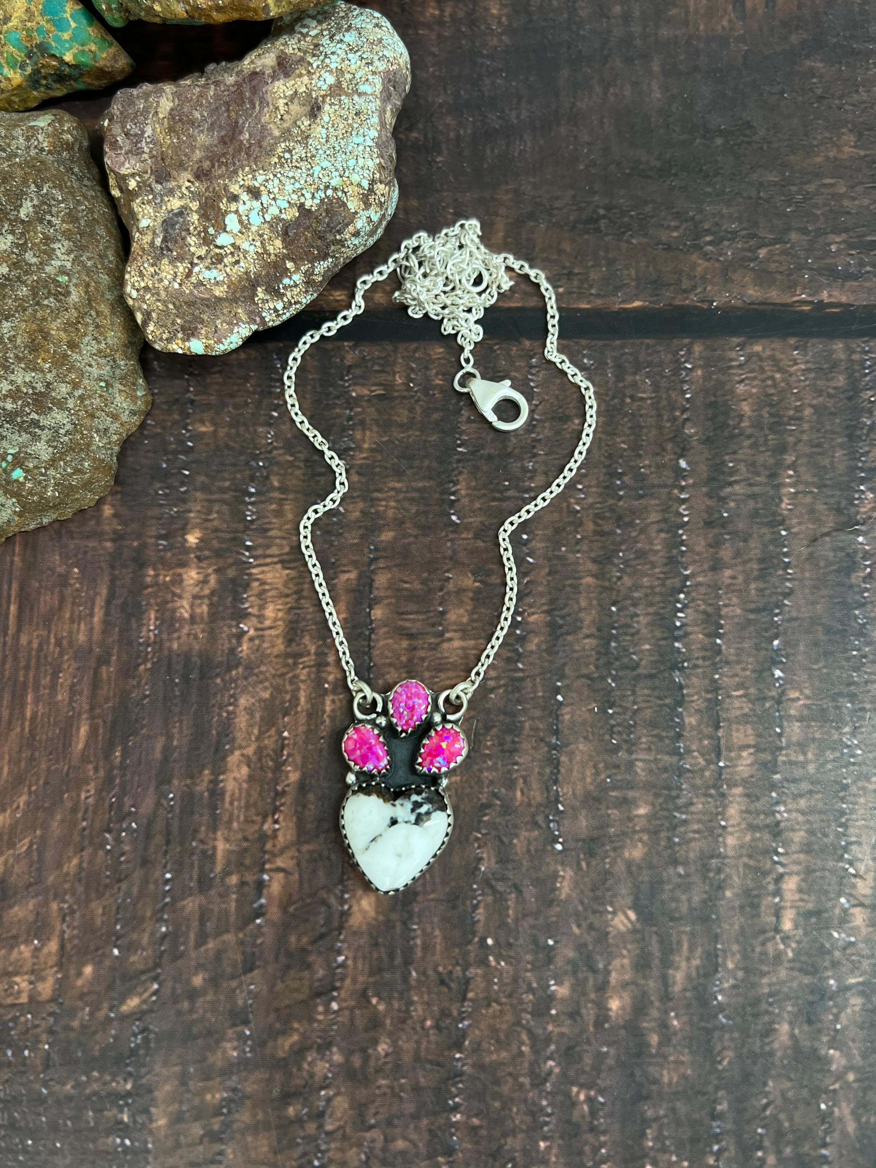 Handmade Sterling Silver Hot Pink, White Buffalo Turquoise Necklace with Signed Nizhoni