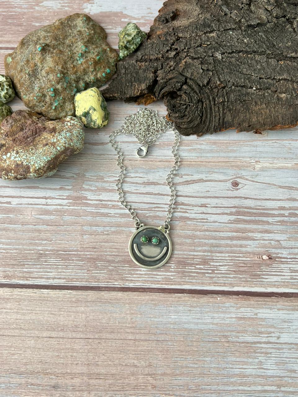 Handmade Sterling Silver Kingman Turquoise Smiley Necklace with Signed Nizhoni (1)