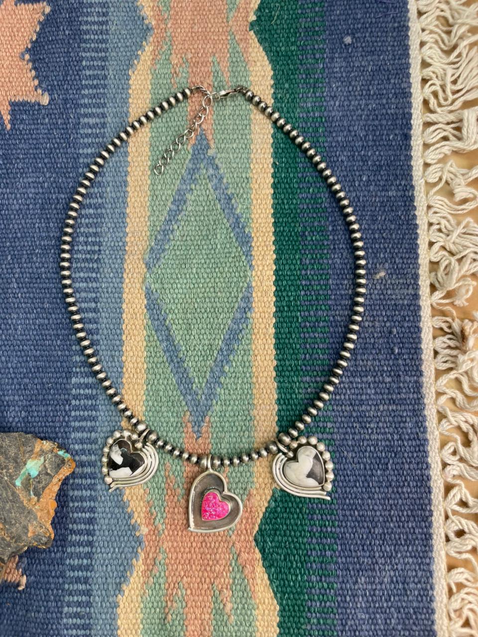 Handmade Sterling Silver White Buffalo with Hot Pink Beaded Heart Necklace "Signed Nizhoni"