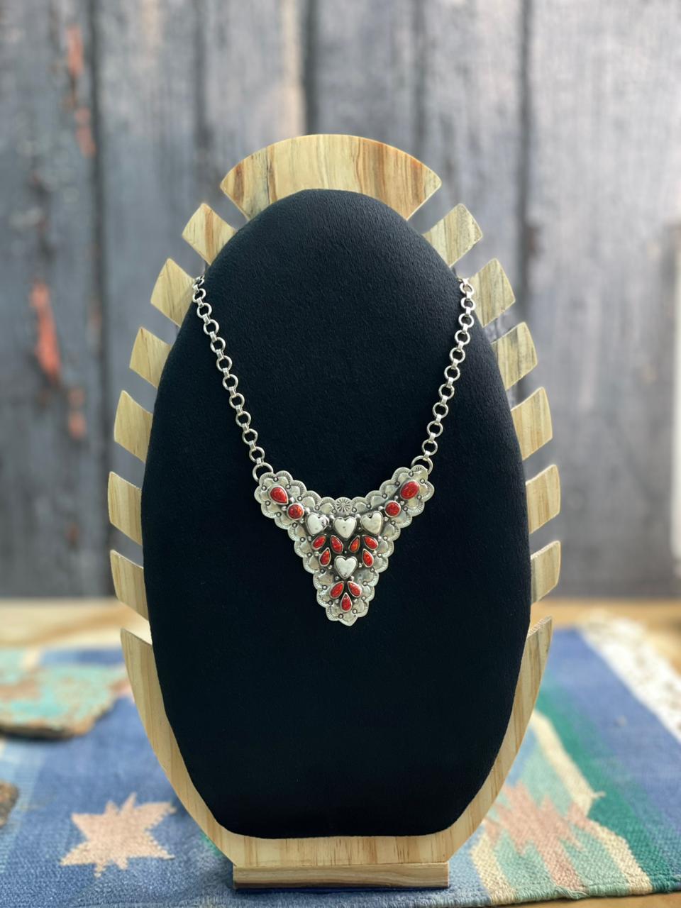 Handmade Sterling Silver White Buffalo with Red Opal Necklace "Signed Nizhoni"