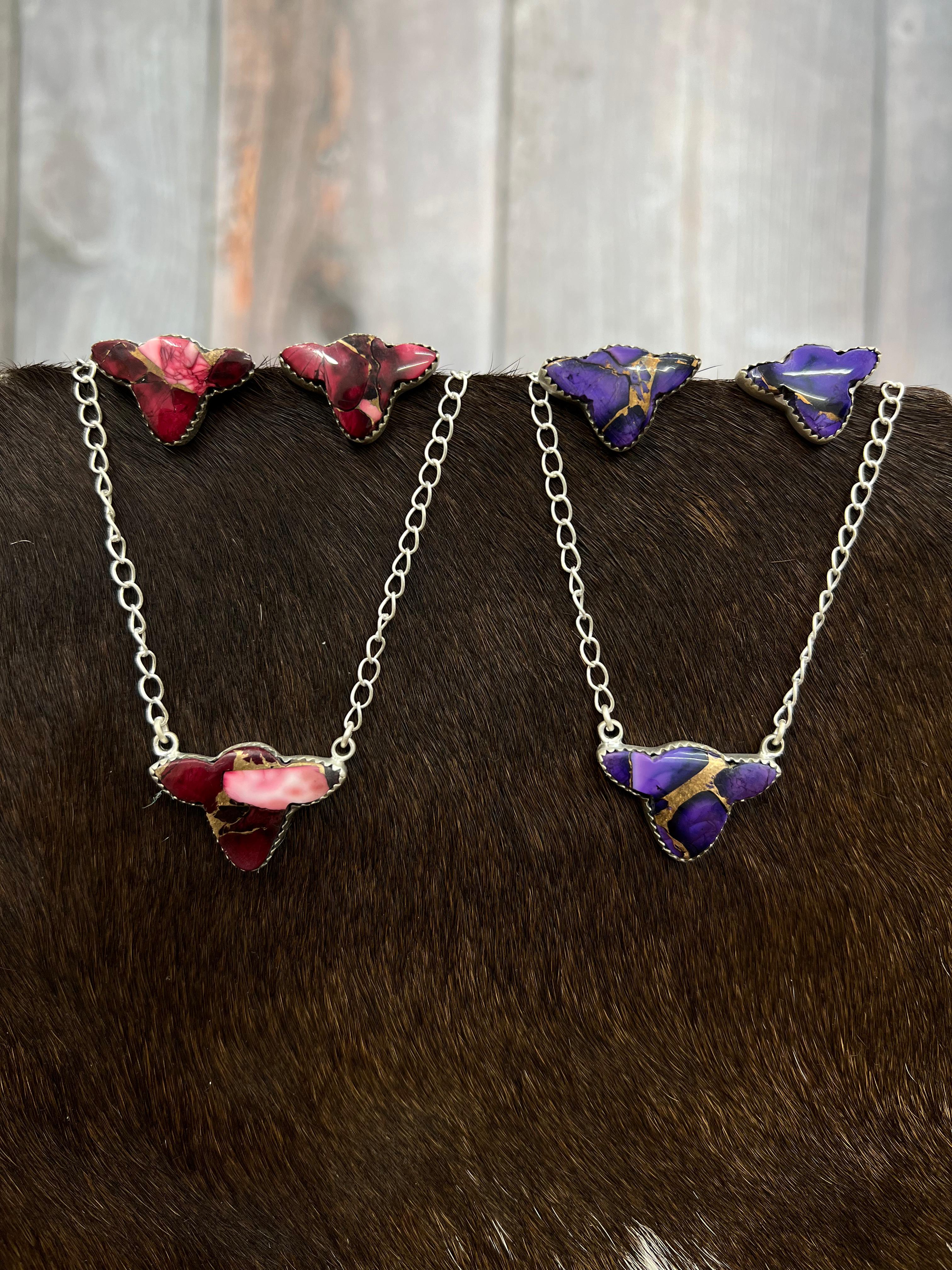 Handmade Sterling Silver Grape Dahlia, Dahlia Rose Bull Necklace Earrings Set with Signed Nizhoni