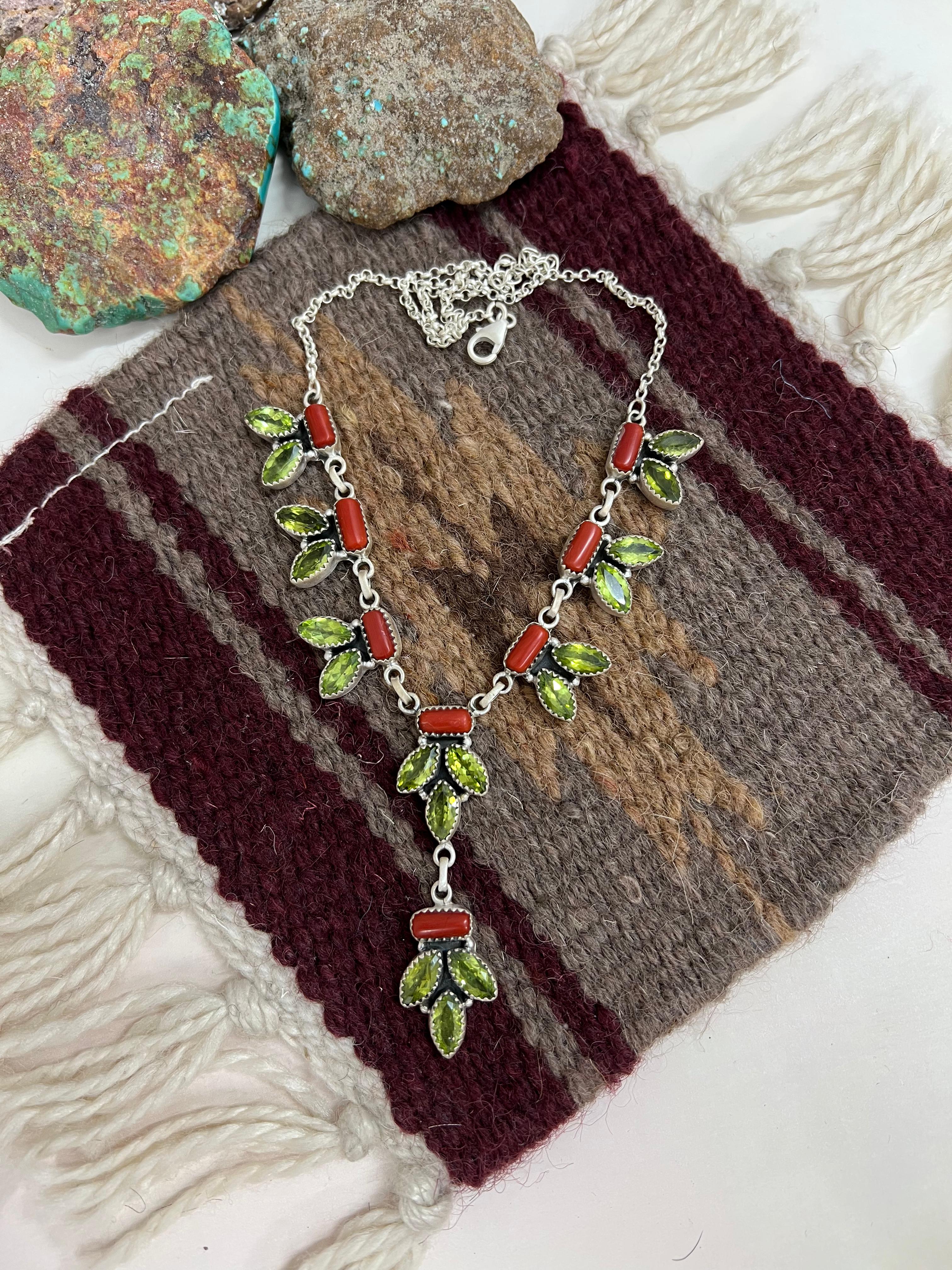 Christmas Collection Handmade Sterling Silver Coral with Peridot Necklace with Signed Nizhoni