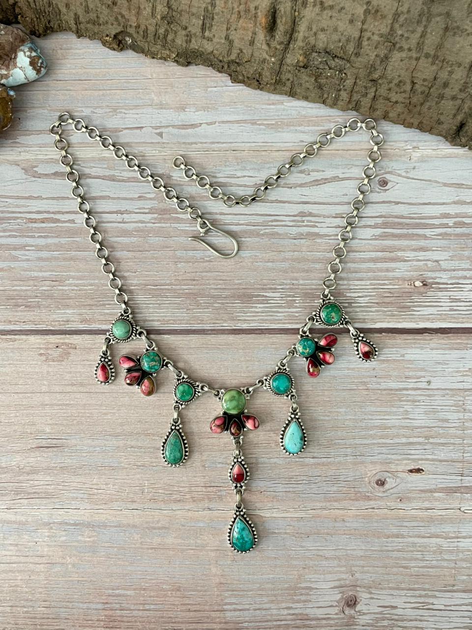 Handmade Sterling Silver Dahlia Rose with Emerald Valley Turquoise Necklace "Signed Nizhoni"