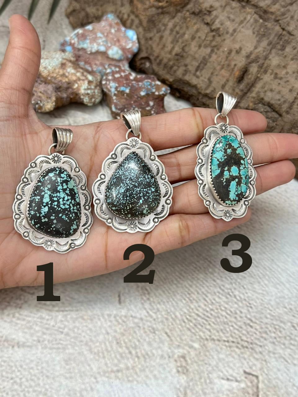 Handmade Sterling Silver Lander Turquoise Pendant with Signed Nizhoni