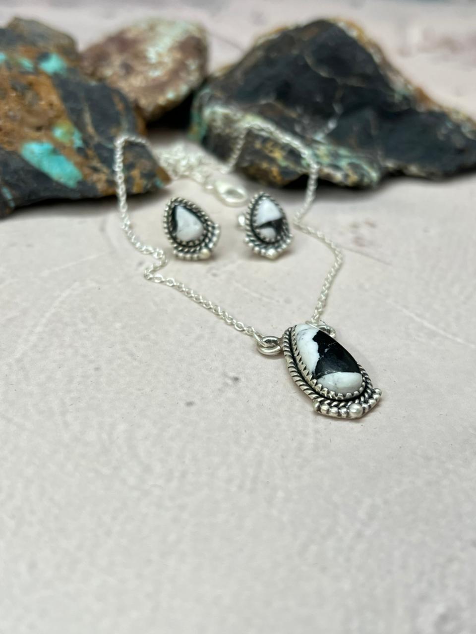 Handmade Sterling Silver White Buffalo Necklace Earrings Set "Signed Nizhoni"