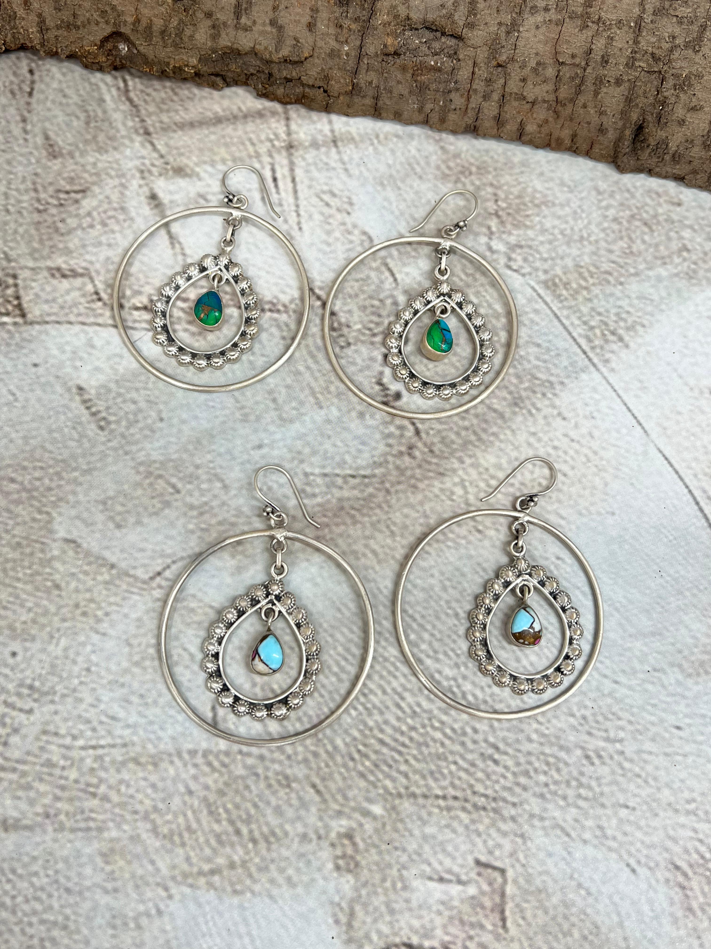 Handmade Sterling Silver Peacock Dahlia, Cotton Candy Turquoise Hoop Earrings with Signed Nizhoni (5)