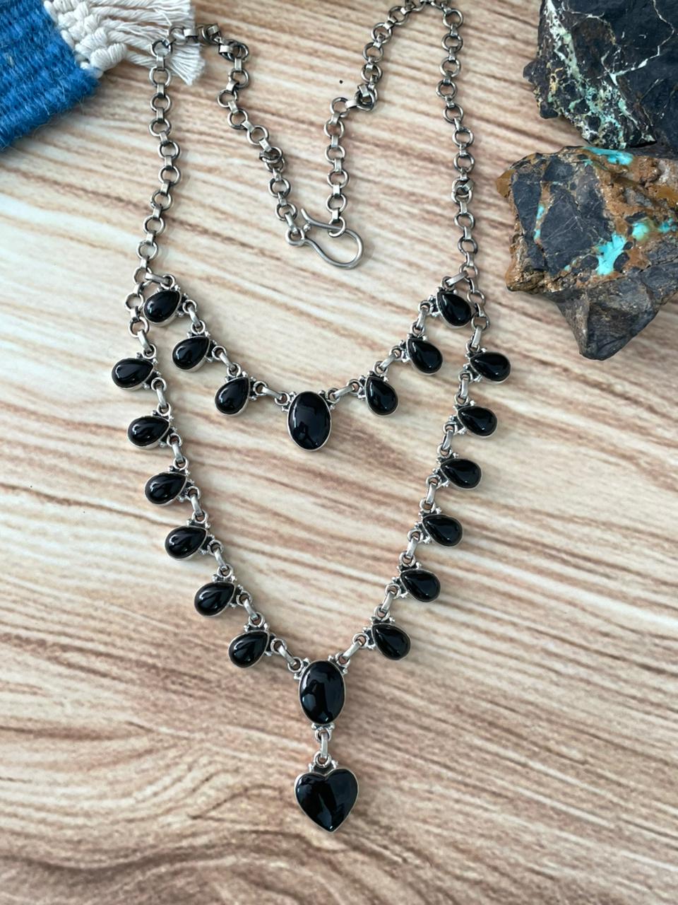 Handmade Sterling Silver Black Onyx Double Strand Necklace "Signed Nizhoni"