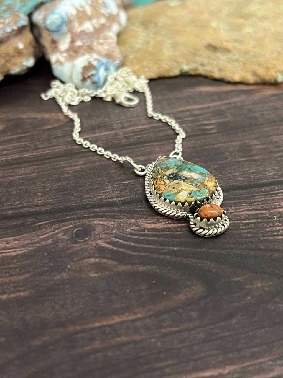 Handmade Sterling Silver Royston Turquoise with Orange Mojave Necklace, Signed Nizhoni