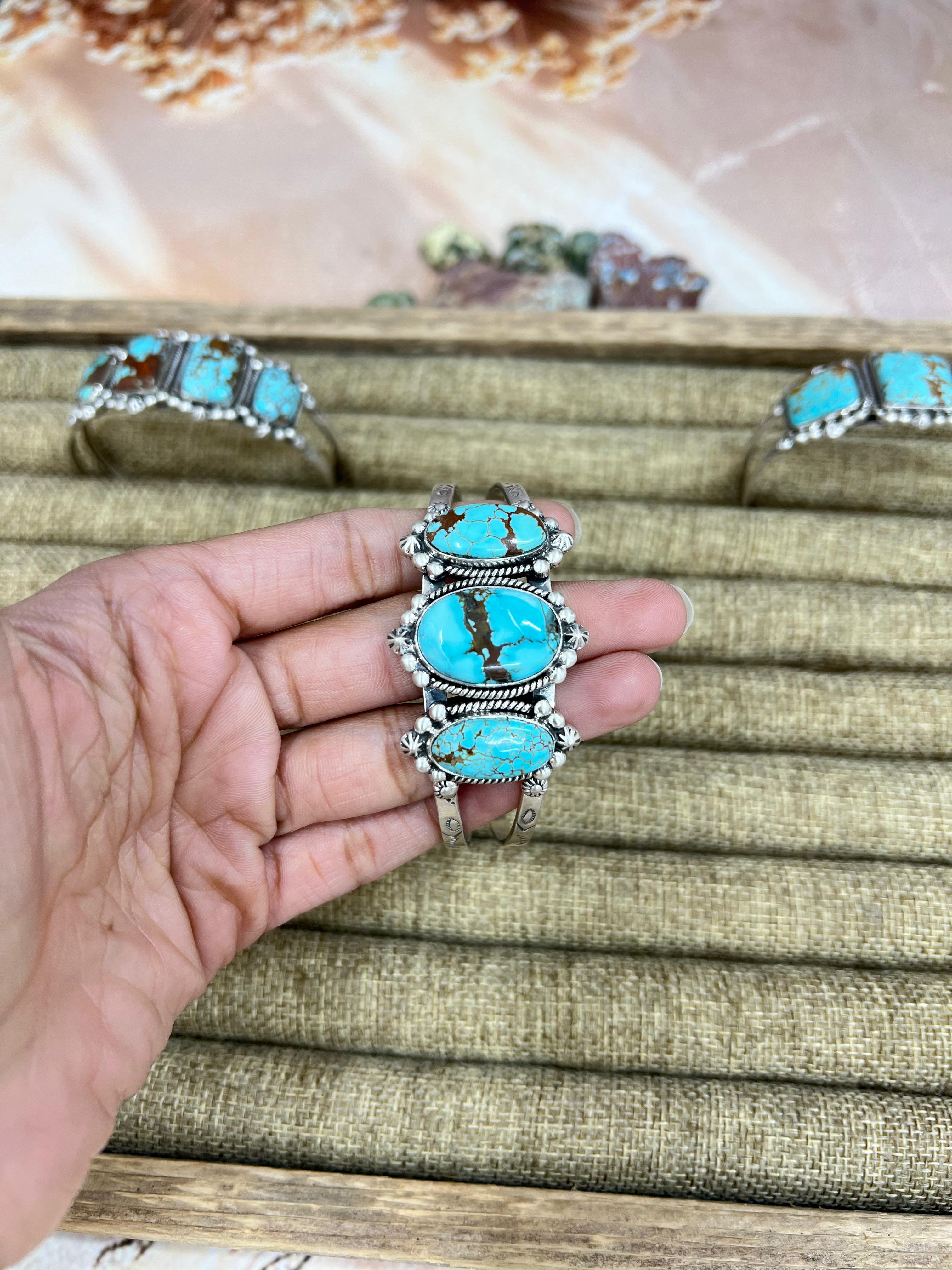 Handmade Sterling Silver Number 8 Turquoise Cuff Bracelet with Signed Nizhoni