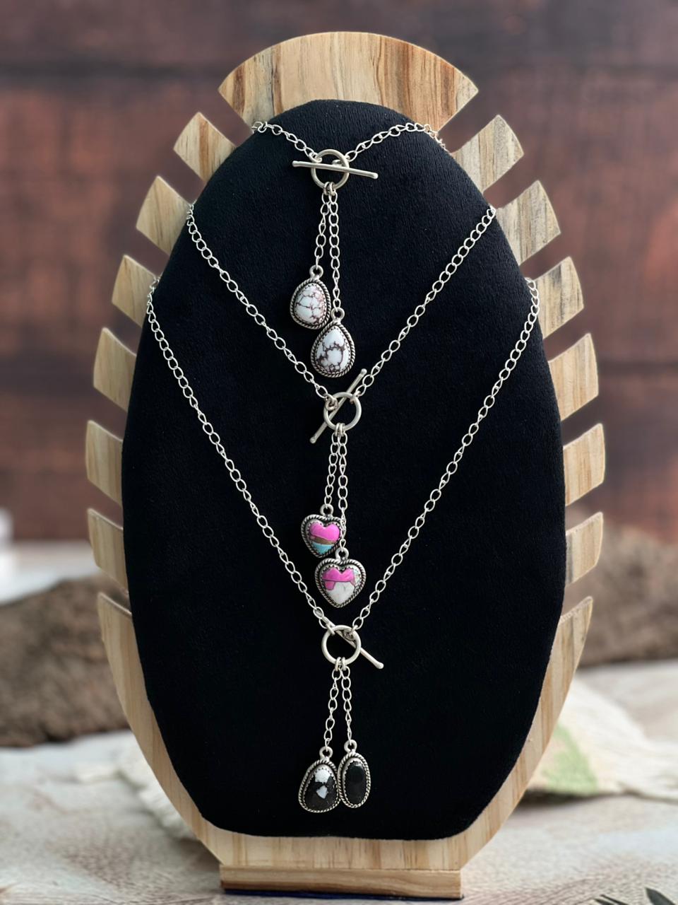 Handmade Sterling Silver Multi Stone Lariat Necklace "Signed Nizhoni"