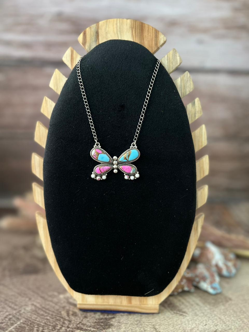 Handmade Sterling Silver Cotton Candy Butterfly Necklace "Signed Nizhoni"