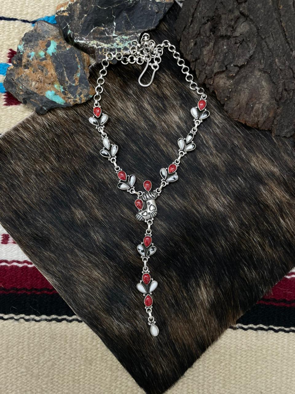 Handmade Sterling Silver White Buffalo with Red Opal Lariat Necklace "Signed Nizhoni"