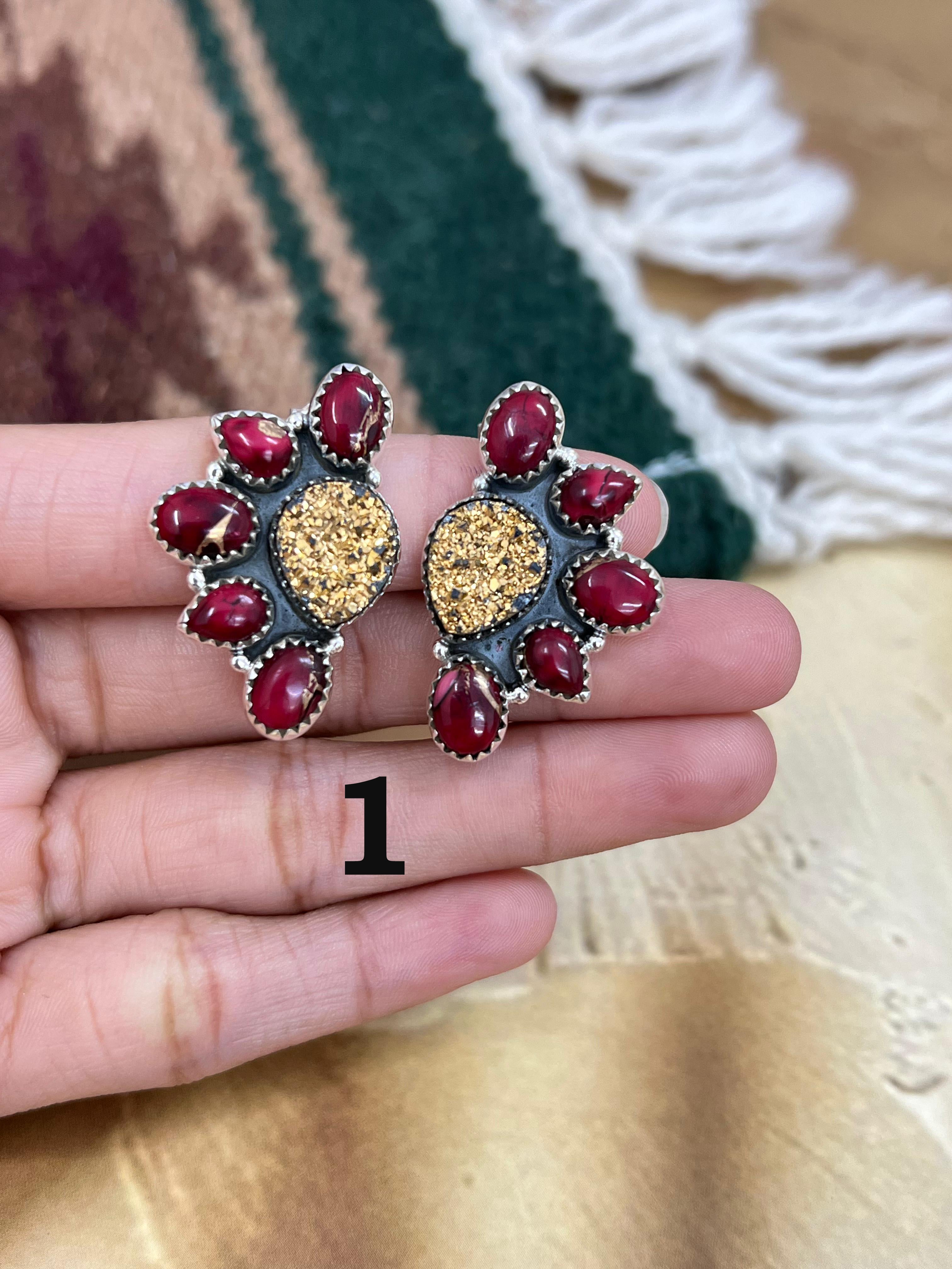 Handmade Sterling Silver Dahlia Rose with Druzy Dangle Earrings, Signed Nizhoni