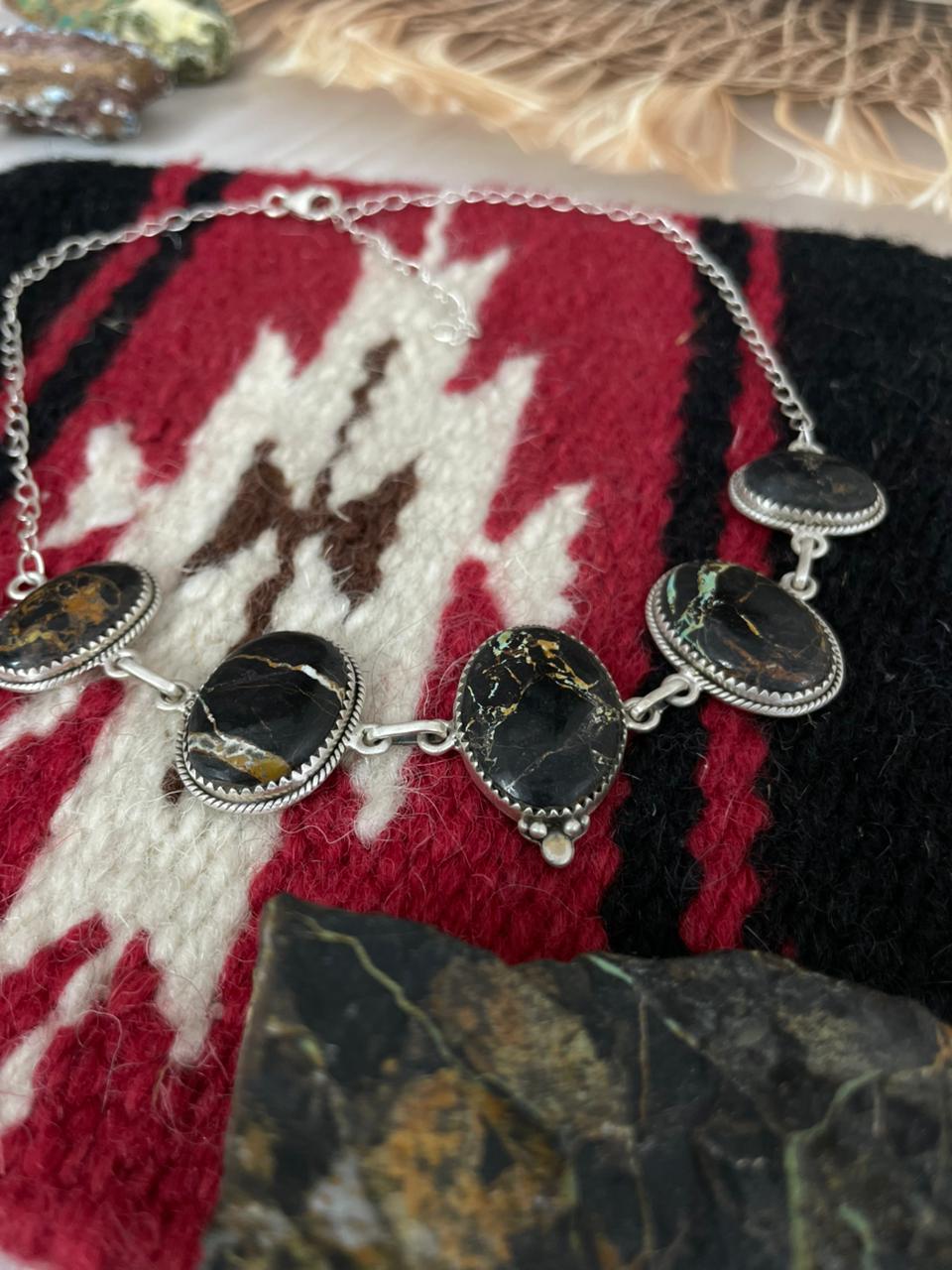 Handmade Sterling Silver Blackjack Turquoise Necklace "Signed Nizhoni"