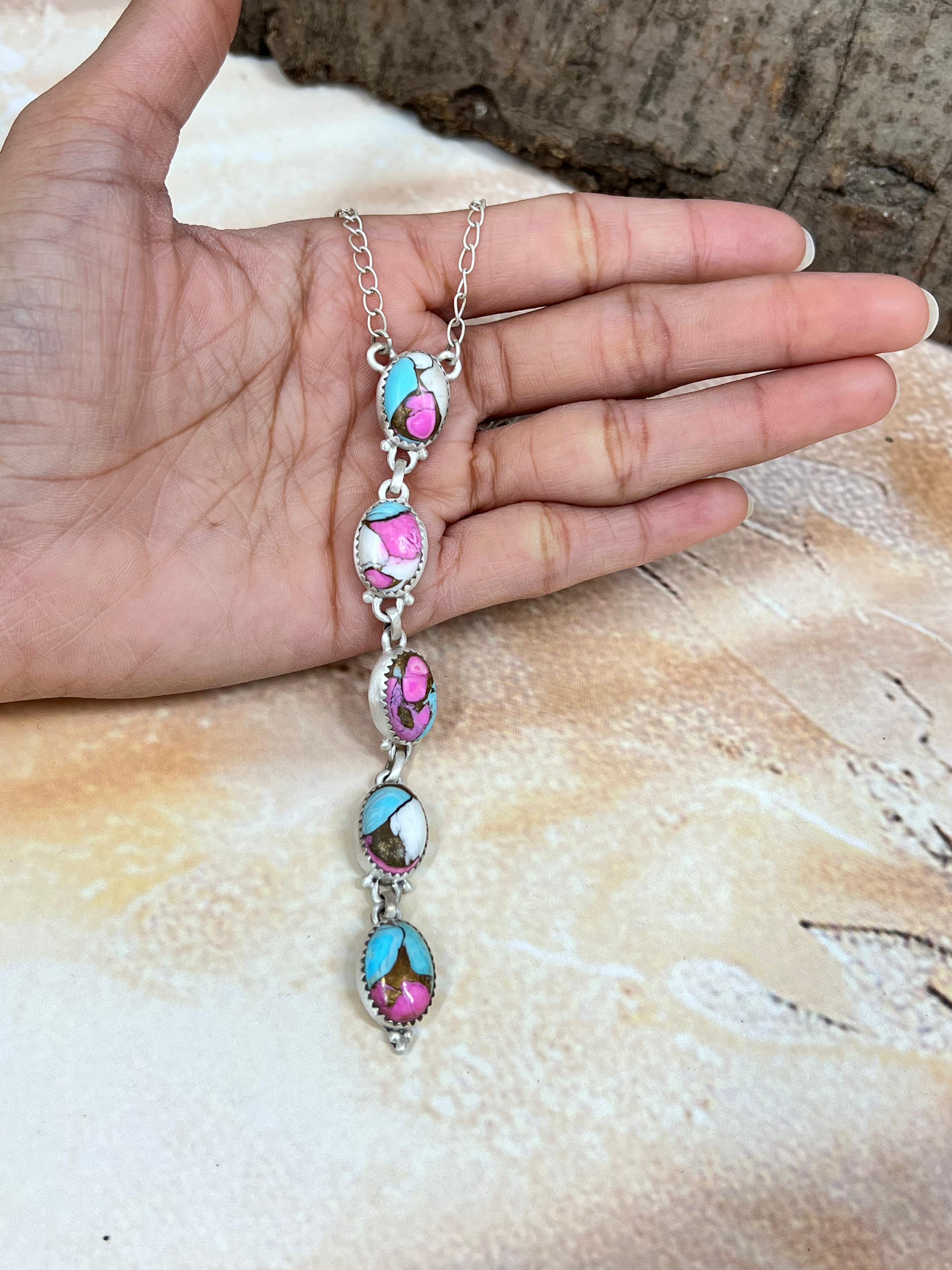 Handmade Sterling Silver Cotton Candy Turquoise Necklace with Signed Nizhoni