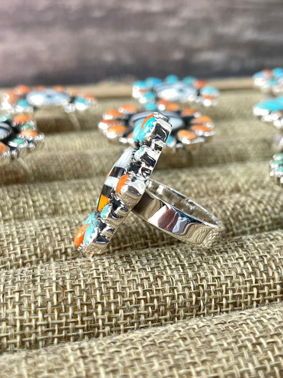 Handmade Sterling Silver Turquoise and MOP adjustable Ring "Signed Nizhoni"