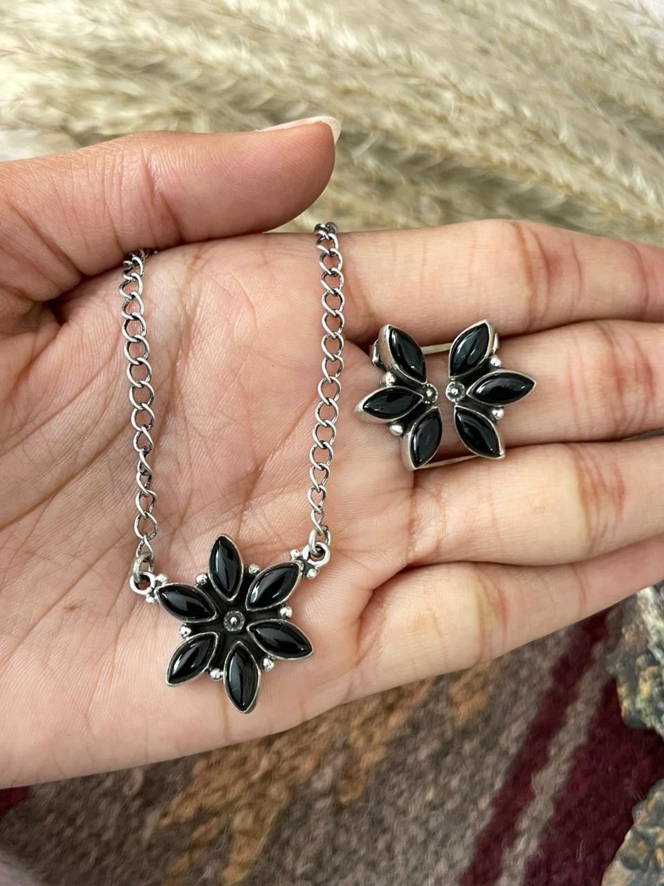 Handmade Sterling Silver Black Onyx Necklace Earrings Set "Signed Nizhoni"