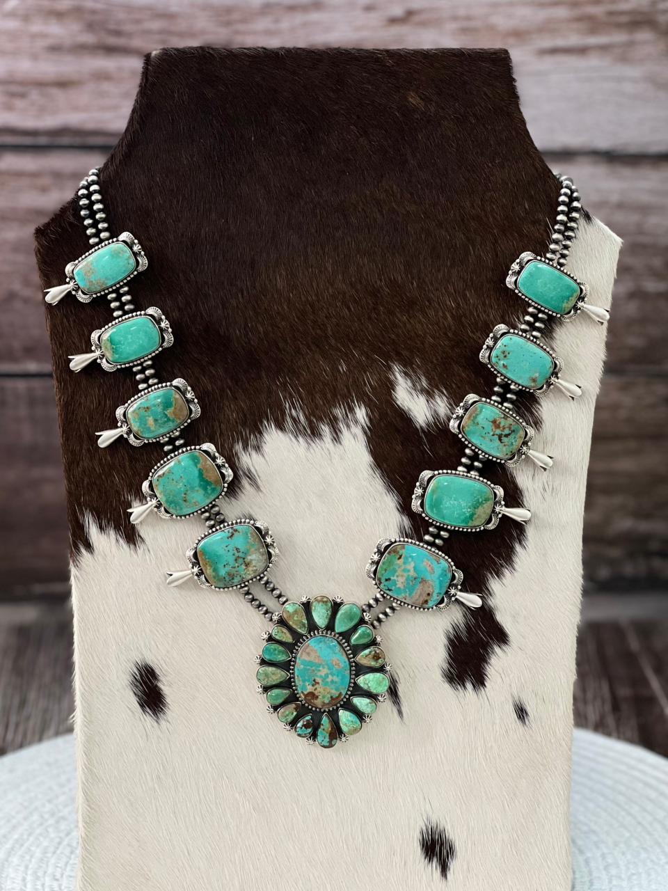 Handmade Sterling Silver Beaded Mantis Turquoise Squash Blossom Necklace "Signed Nizhoni"