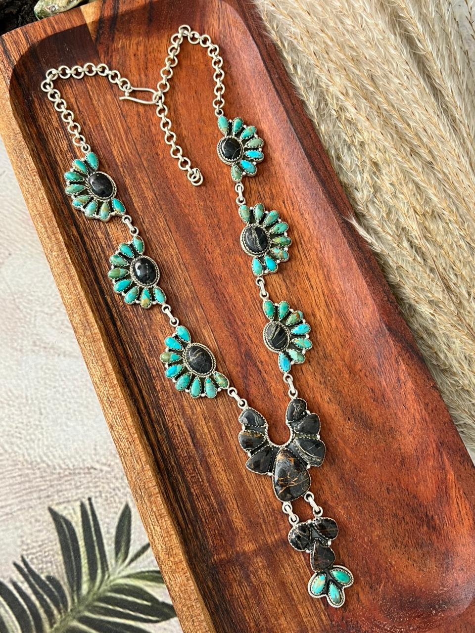 Handmade Sterling Silver Blackjack with Kingman Turquoise Necklace "Signed Nizhoni"