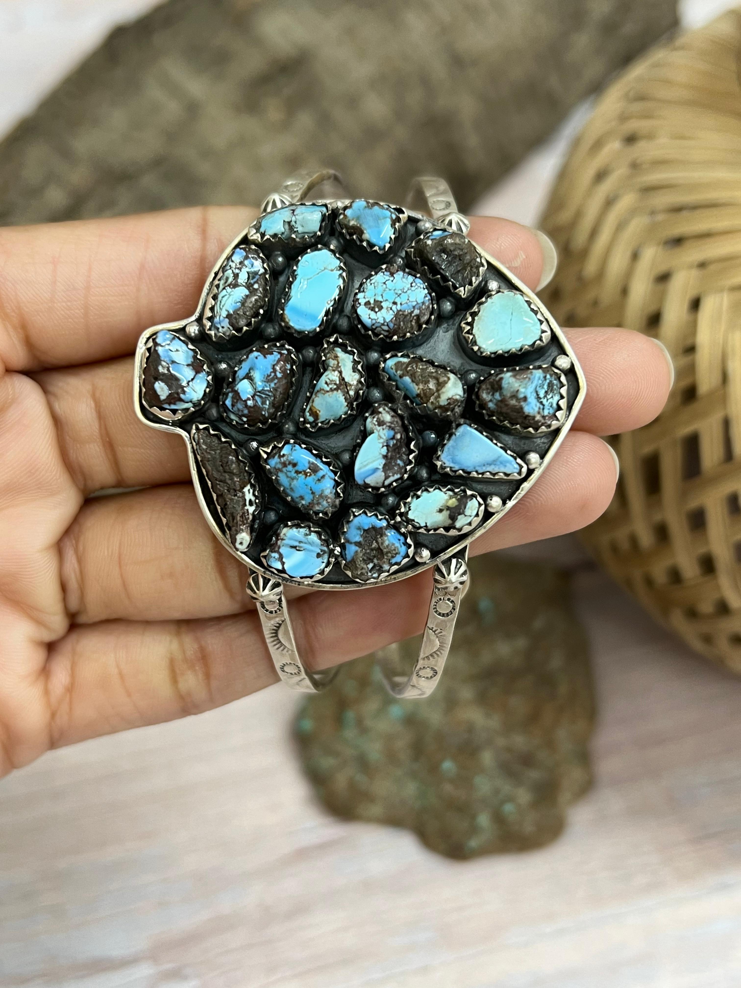 Handmade Sterling Silver Golden Hill, Sonoran Mountain Turquoise Spade Bracelet with Signed Nizhoni /