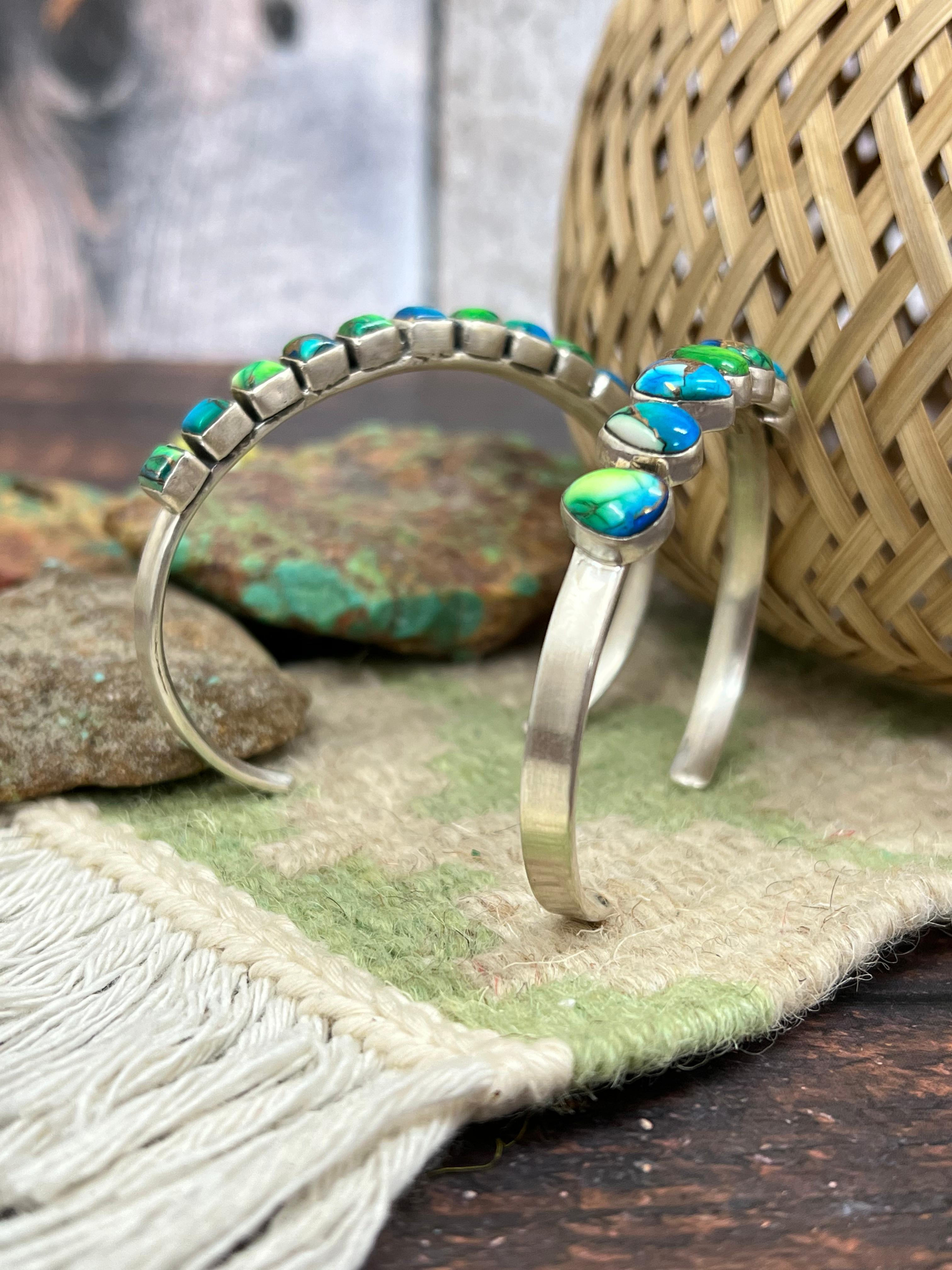 Handmade Sterling Silver Peacock Dahlia Cuff Bracelet with Signed Nizhoni