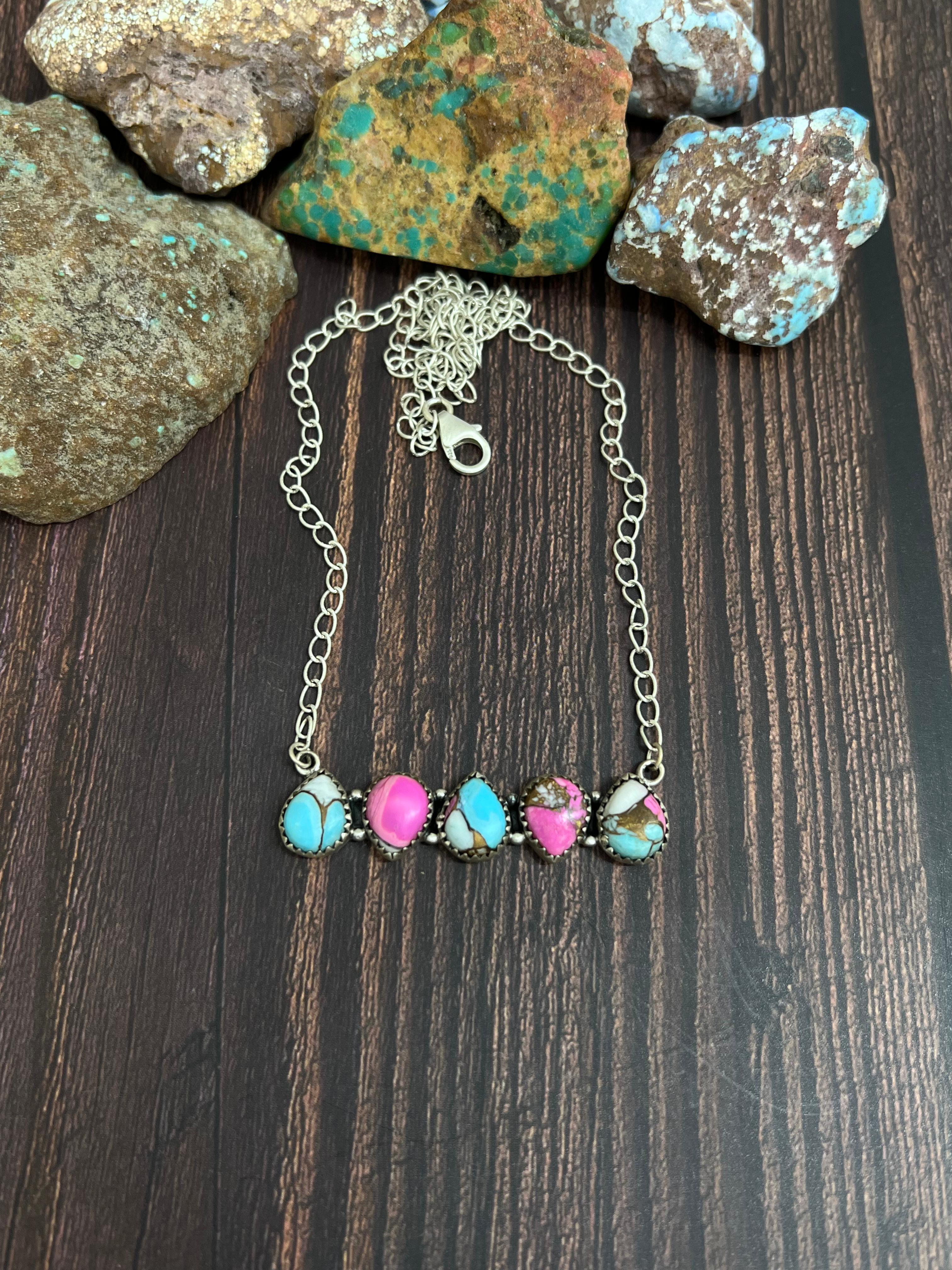 Handmade Sterling Silver Cotton Candy Turquoise Necklace with Signed Nizhoni