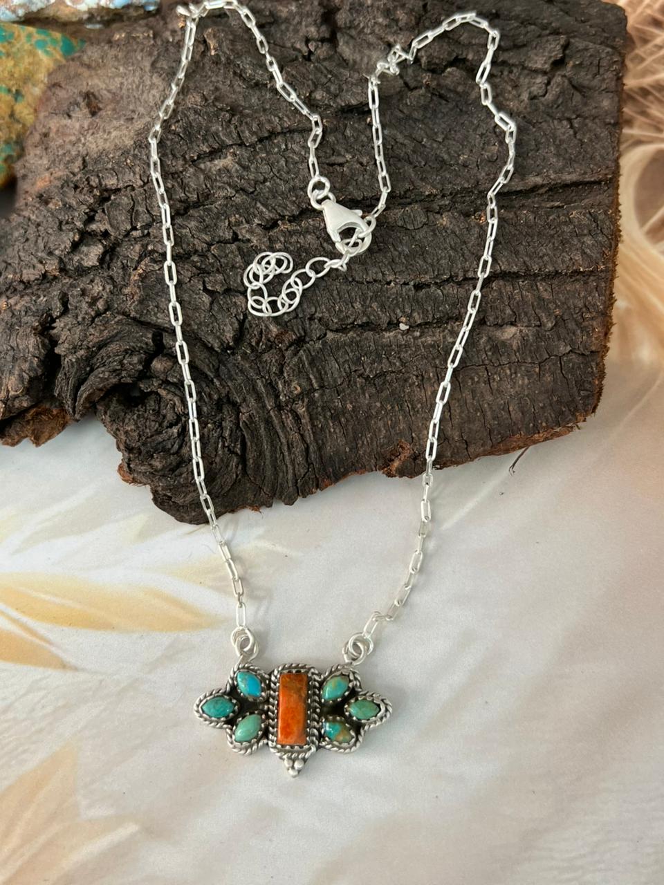 Handmade Sterling Silver Kingman with Orange Mojave Necklace "Signed Nizhoni"
