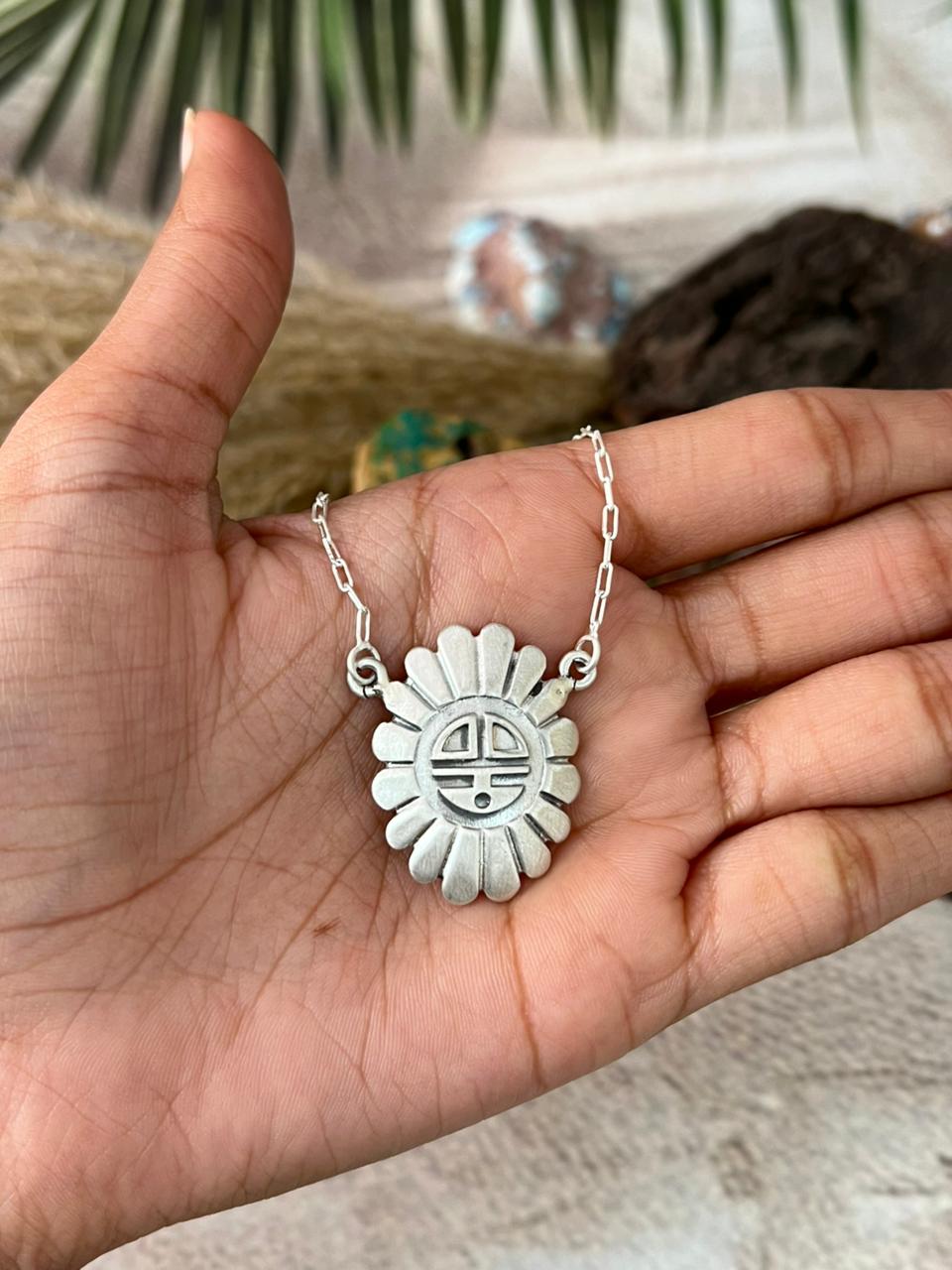Handmade Sterling Silver Sunface Necklace "Signed Nizhoni"