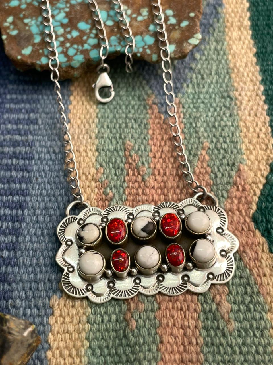 Handmade Sterling Silver White Buffalo with Red Opal Necklace "Signed Nizhoni"