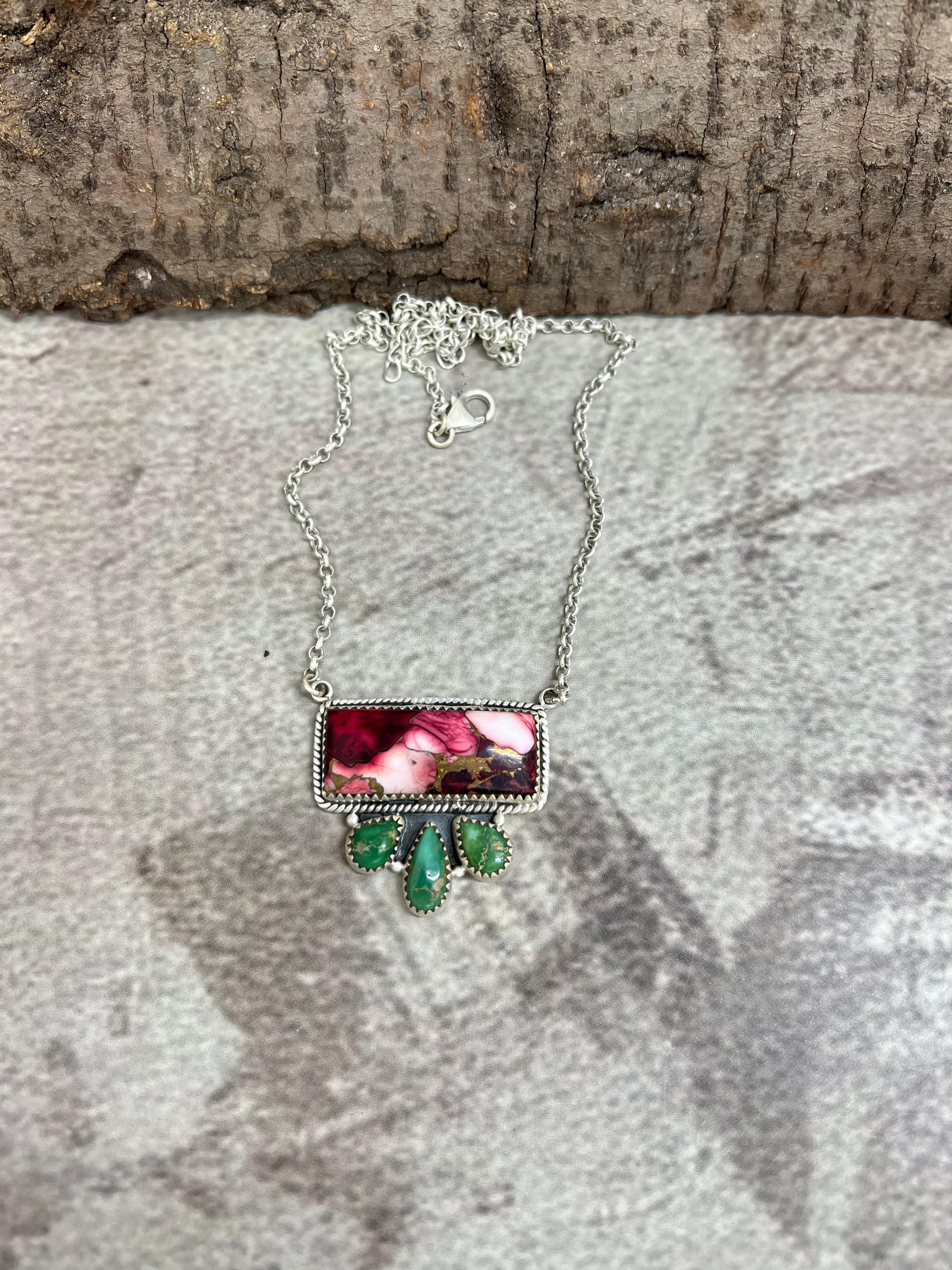 Handmade Sterling Silver Emerald Valley with Dahlia Rose Necklace, Signed Nizhoni