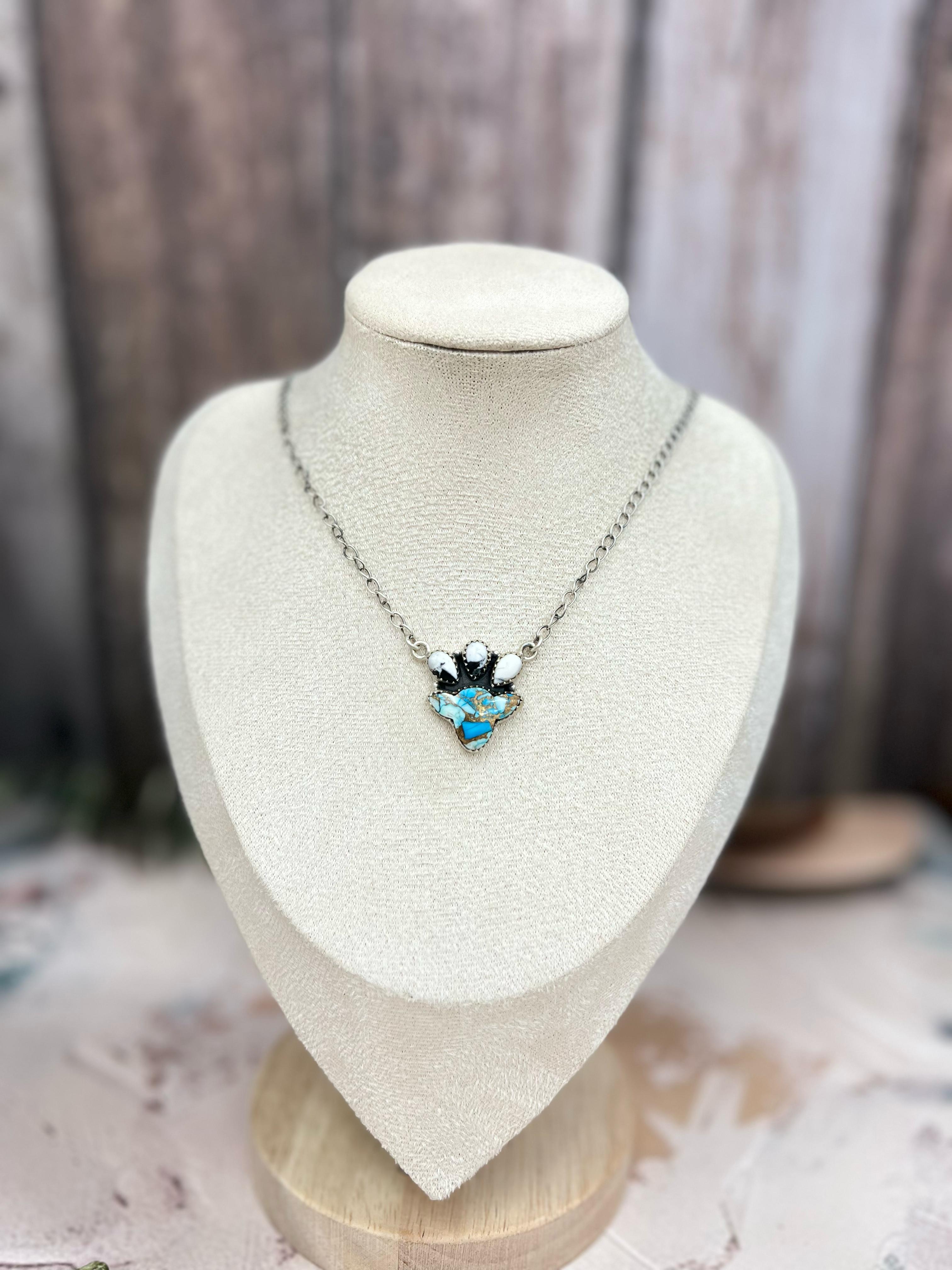 Handmade Sterling Silver Blue Ice Rose Dahlia with White Buffalo Necklace with Signed Nizhoni