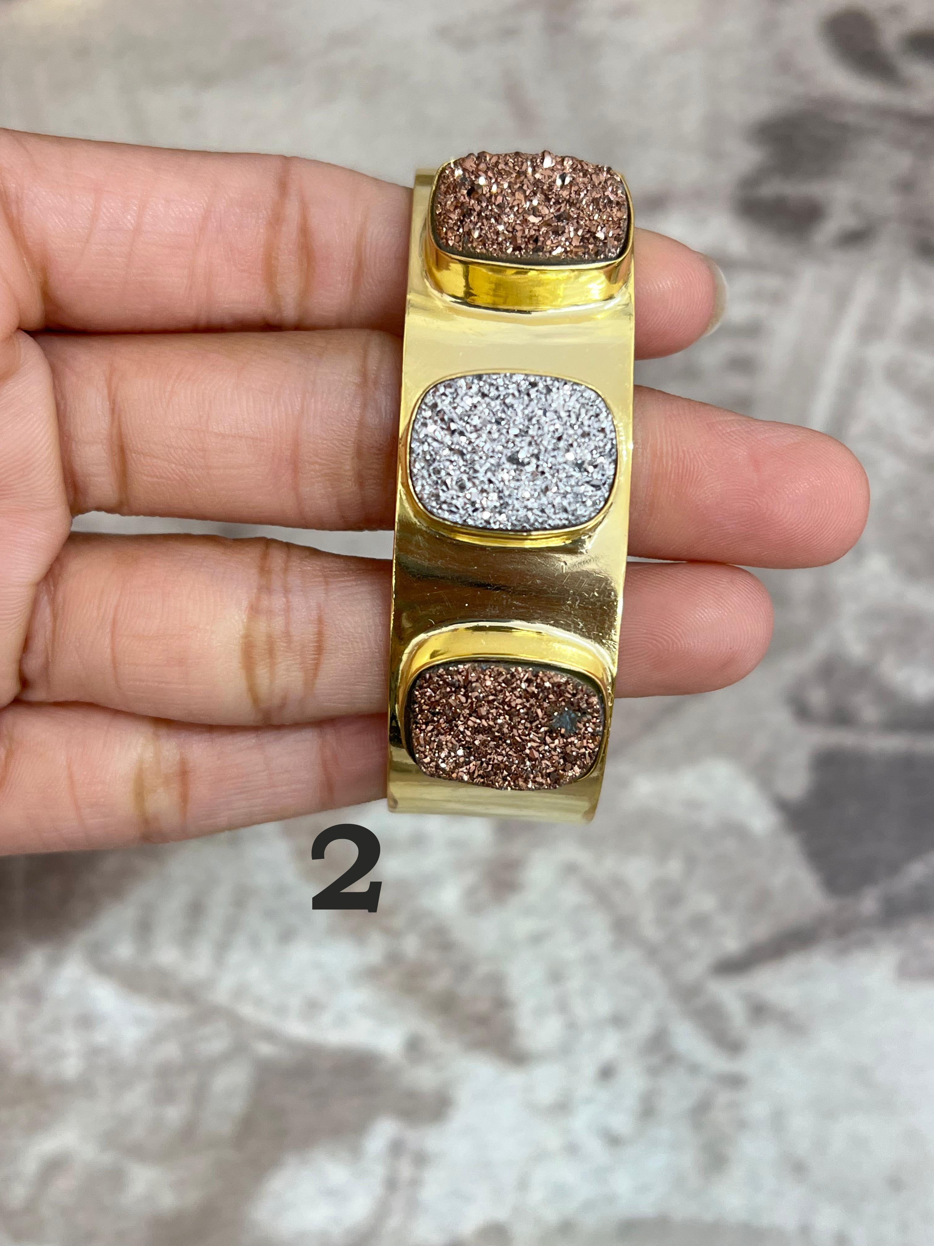 “The Boho Collection” Handmade Natural Gold Plated 3 Stone Druzy Wide Cuff Bracelet