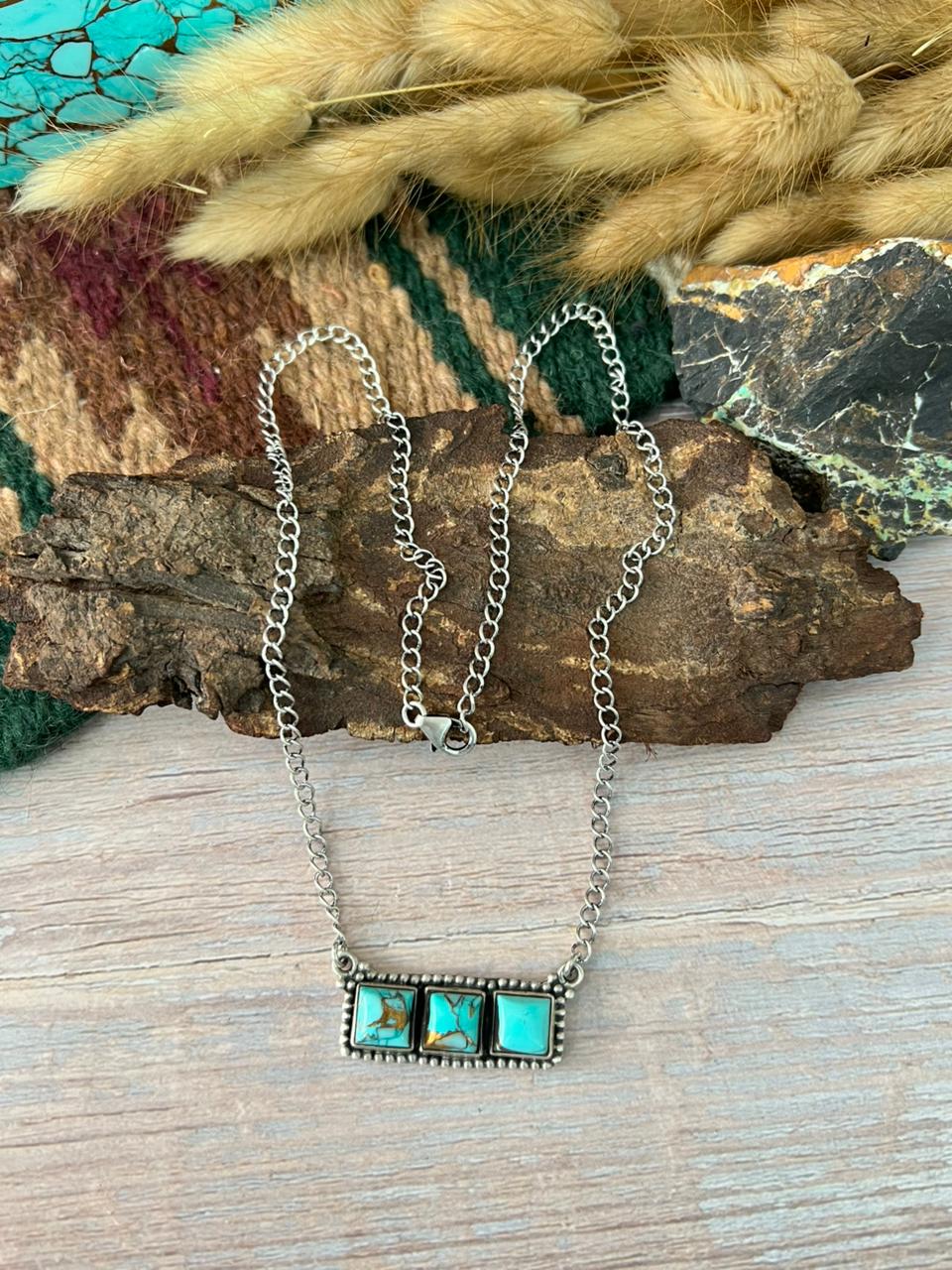 Handmade Sterling Silver Mint Dahlia Collection: Bar Necklace "Signed Nizhoni"