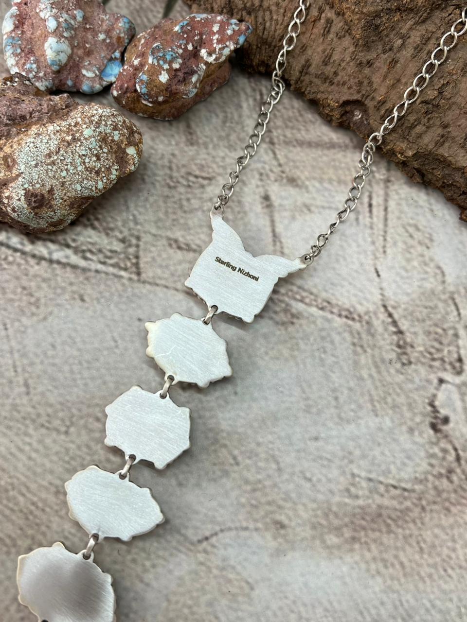 Handmade Sterling Silver Lander Turquoise Necklace with Signed Nizhoni
