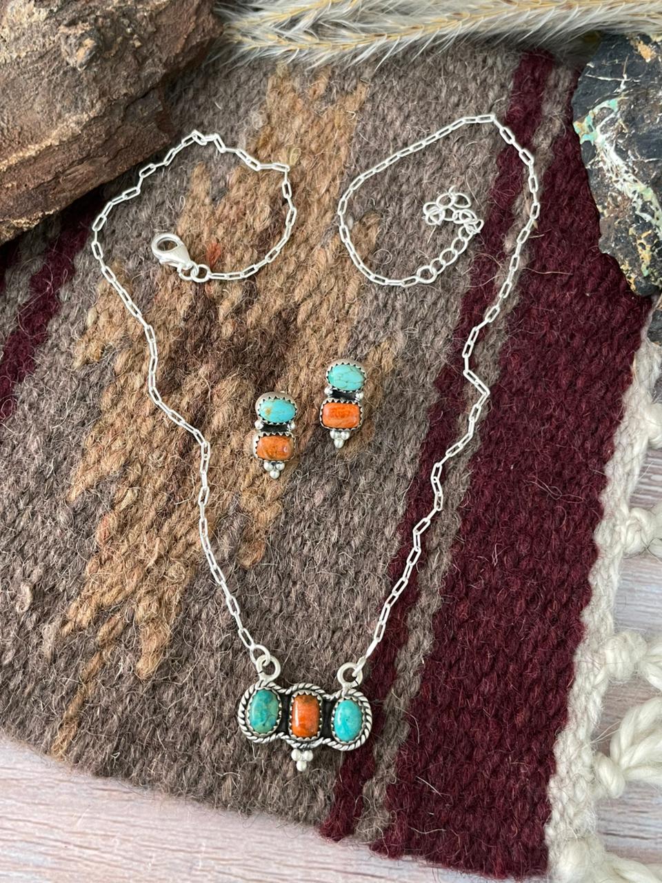 Handmade Sterling Silver Orange Mojave with Kingman Necklace Earrings Set "Signed Nizhoni"