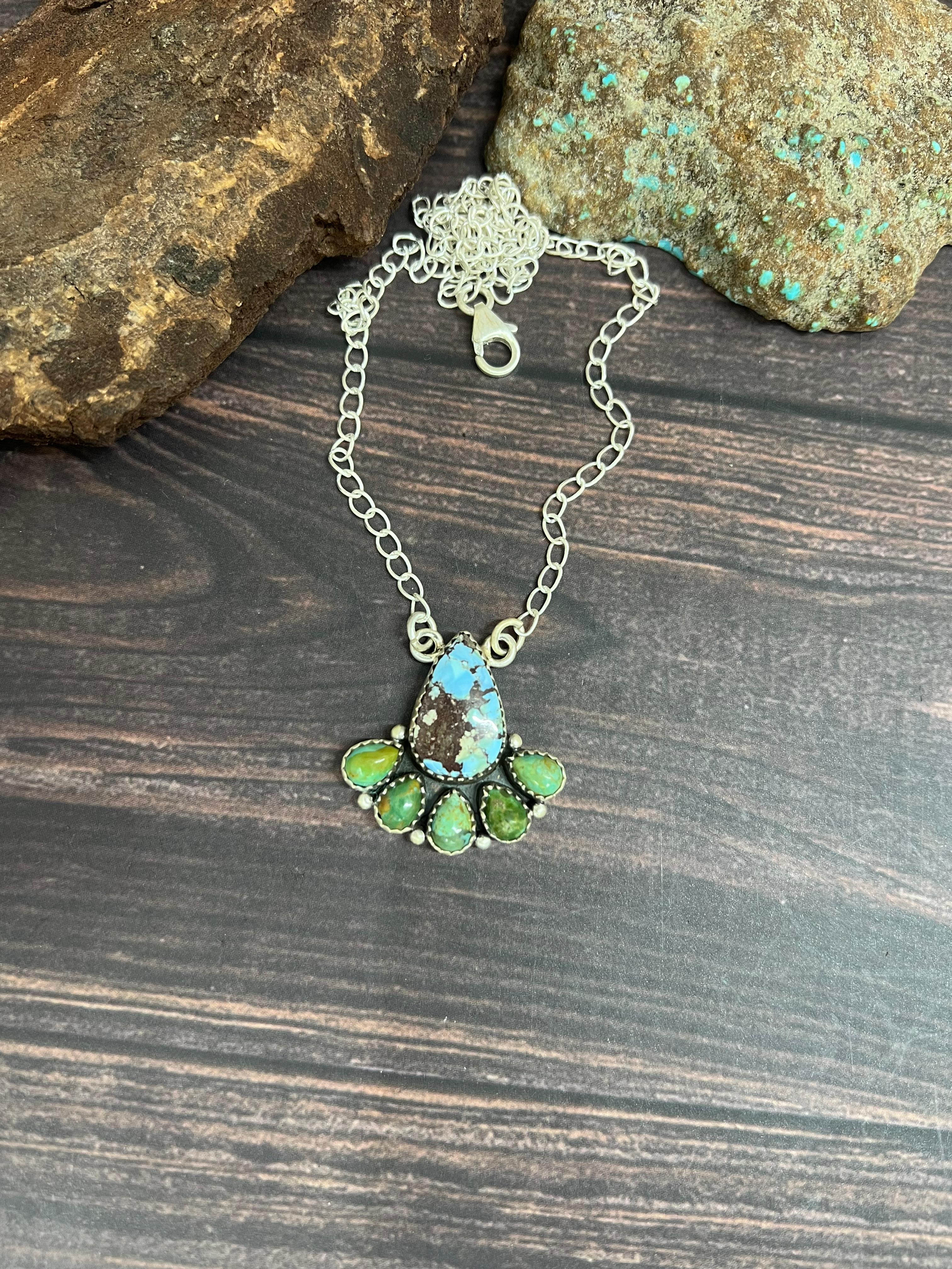 Handmade Sterling Silver Golden Hill with Kingman Turquoise Necklace with Signed Nizhoni