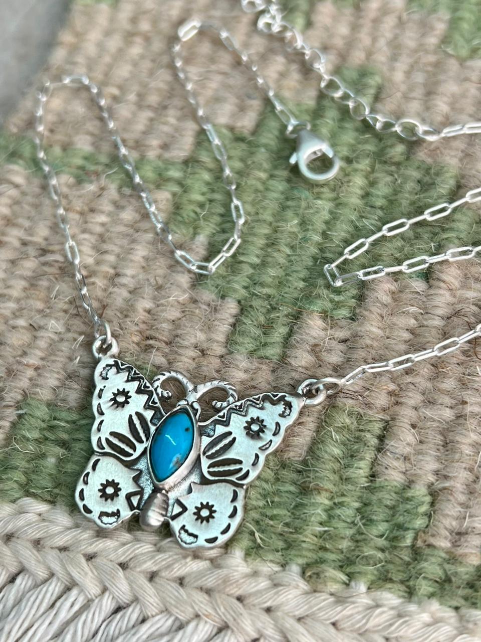 Handmade Sterling Silver Kingman Turquoise Butterfly Necklace "Signed Nizhoni"