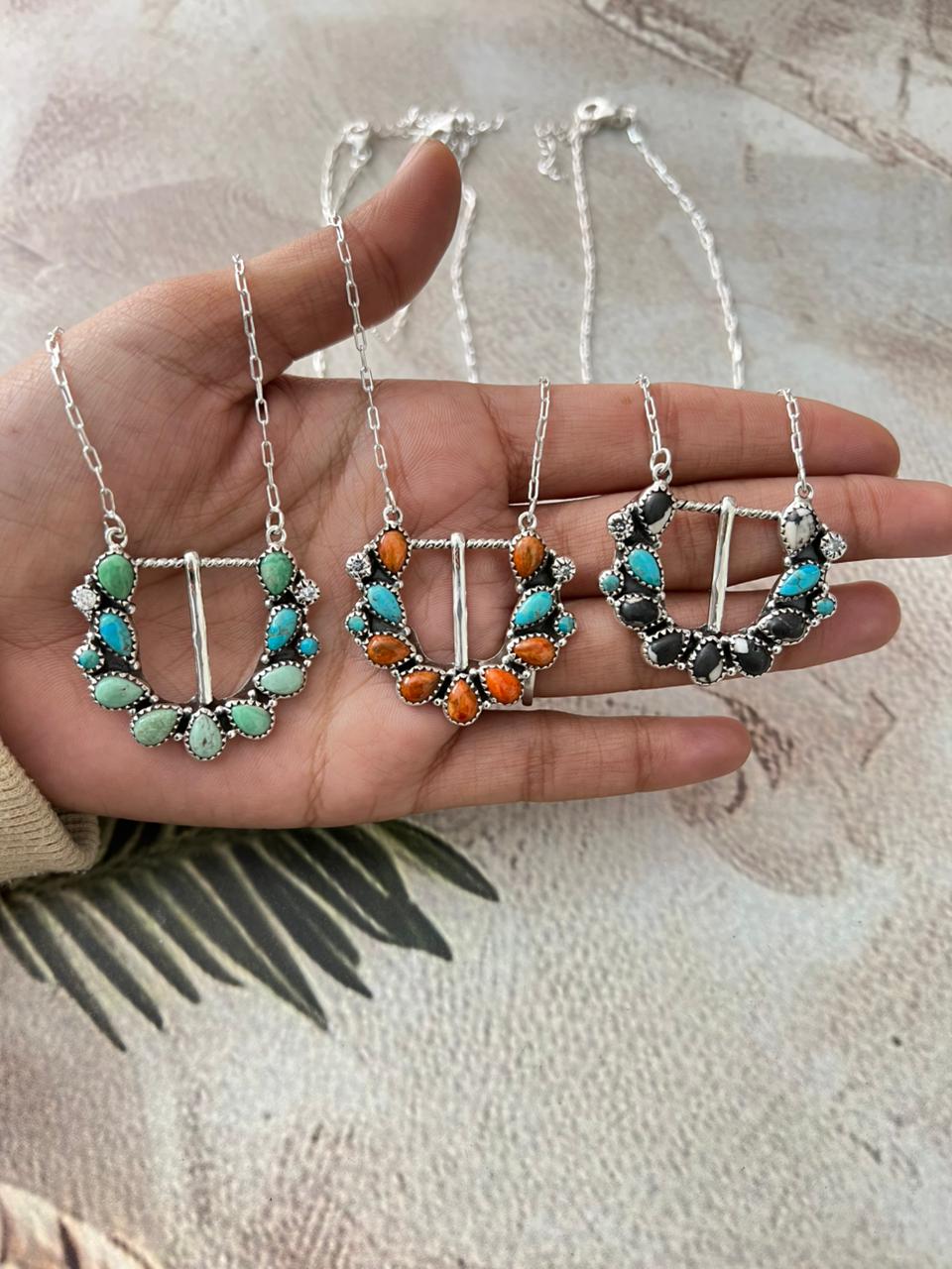 Handmade Sterling Silver Multi Stone Buckle Necklace "Signed Nizhoni"