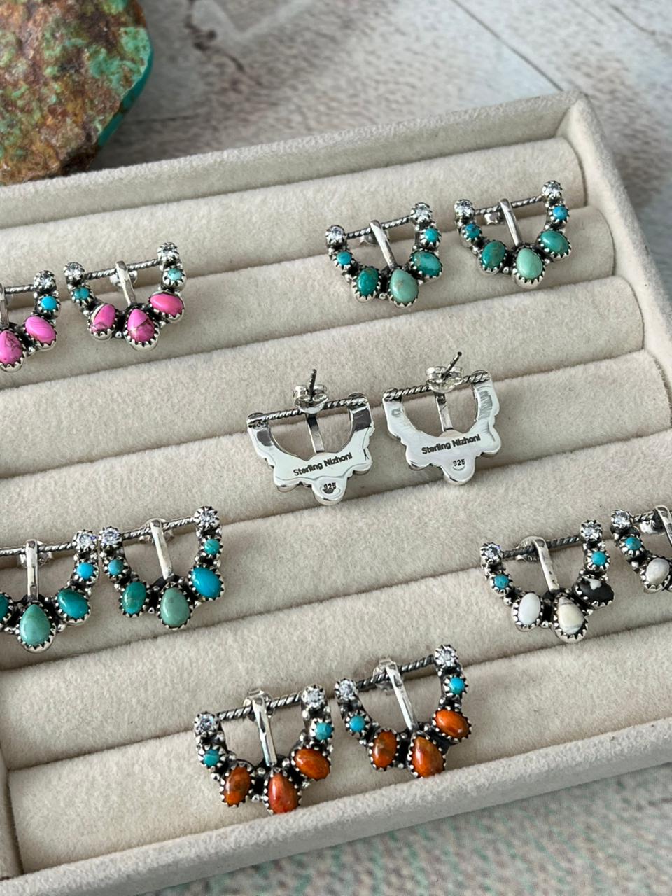 Handmade Sterling Silver Multi Stone Buckle Post Studs Earrings "Signed Nizhoni"