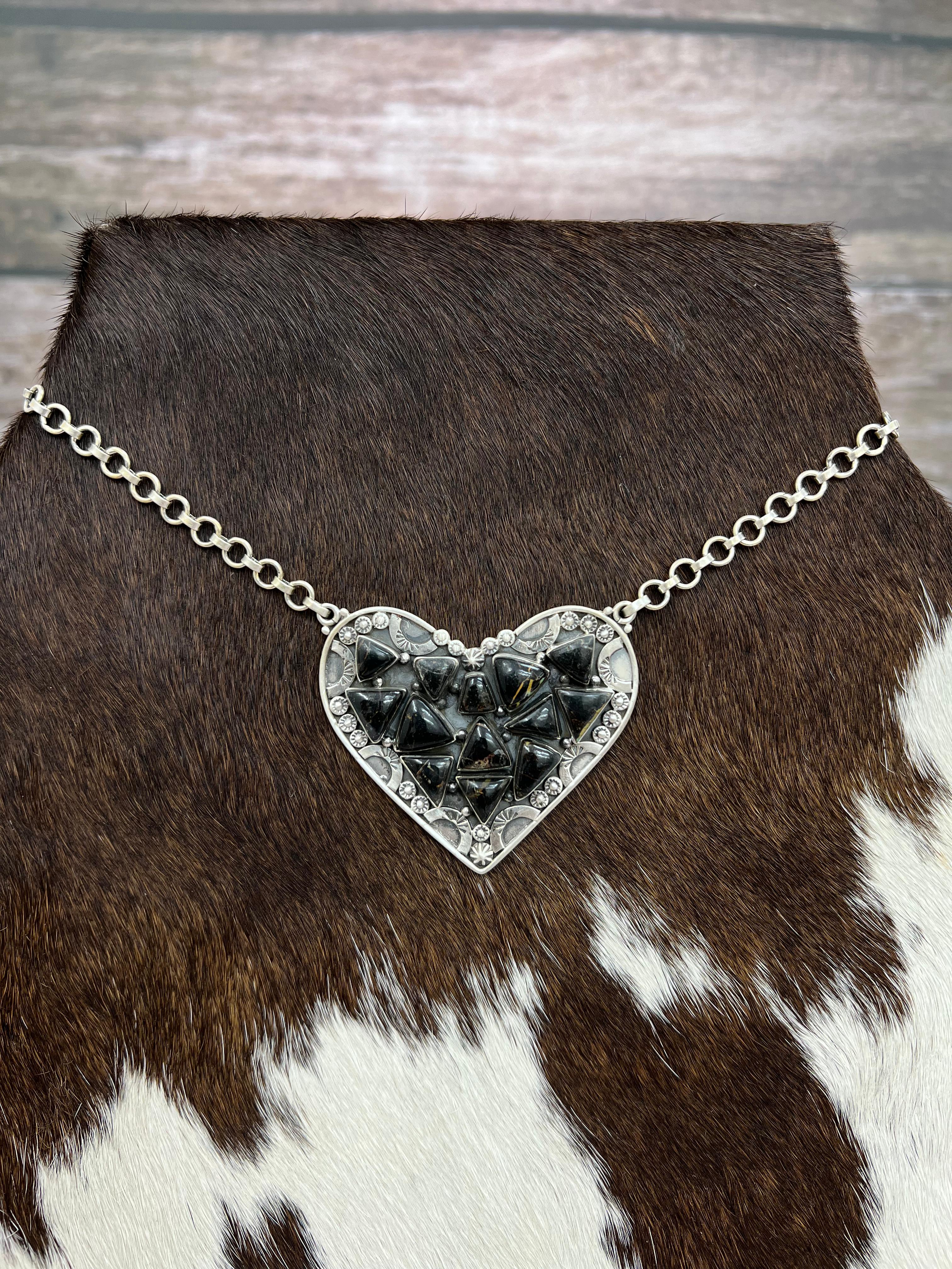 Handmade Sterling Silver Blackjack Turquoise Heart Necklace with Signed Nizhoni