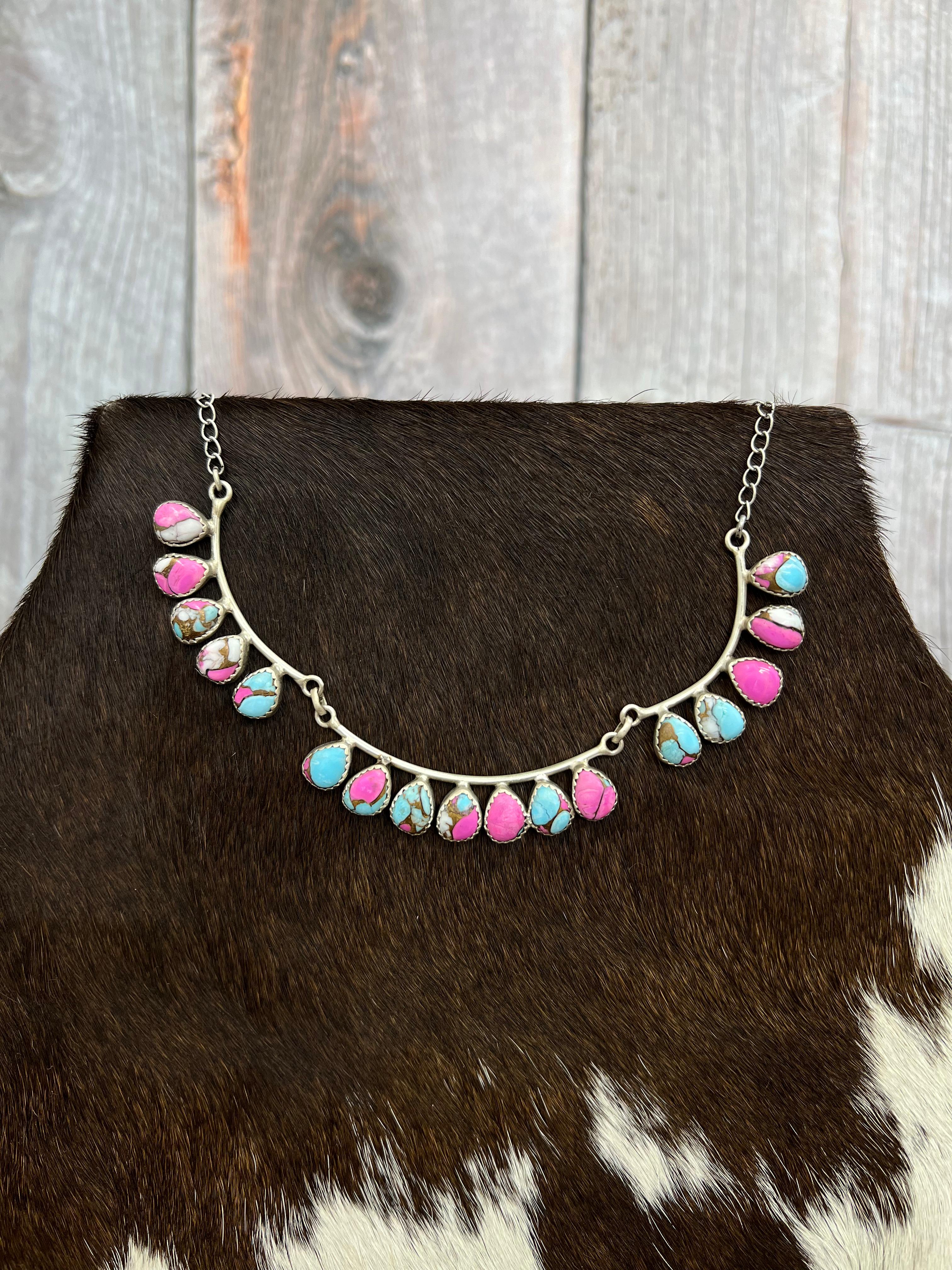 Handmade Sterling Silver Peacock Dahlia, Cotton Candy Turquoise Necklace with Signed Nizhoni